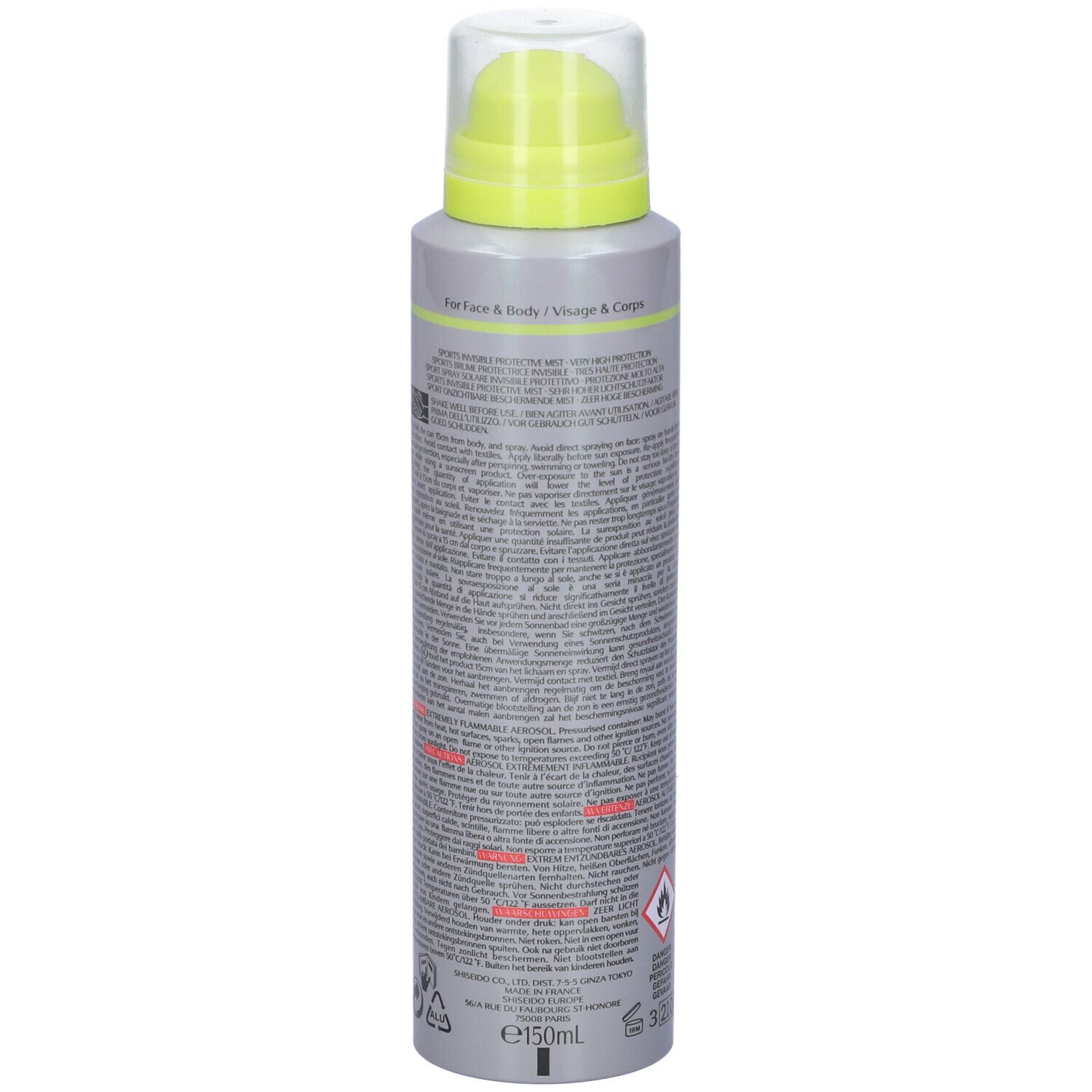 Flacone spray grigio, retro con testo. Scritta: Per viso e corpo. Volume: 150ml. Con simboli di avvertimento.