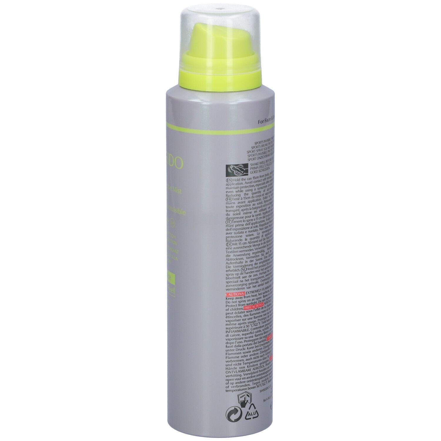 Flacone spray grigio, retro con testo. Scritta: Per viso e corpo. Con simboli di avvertimento.