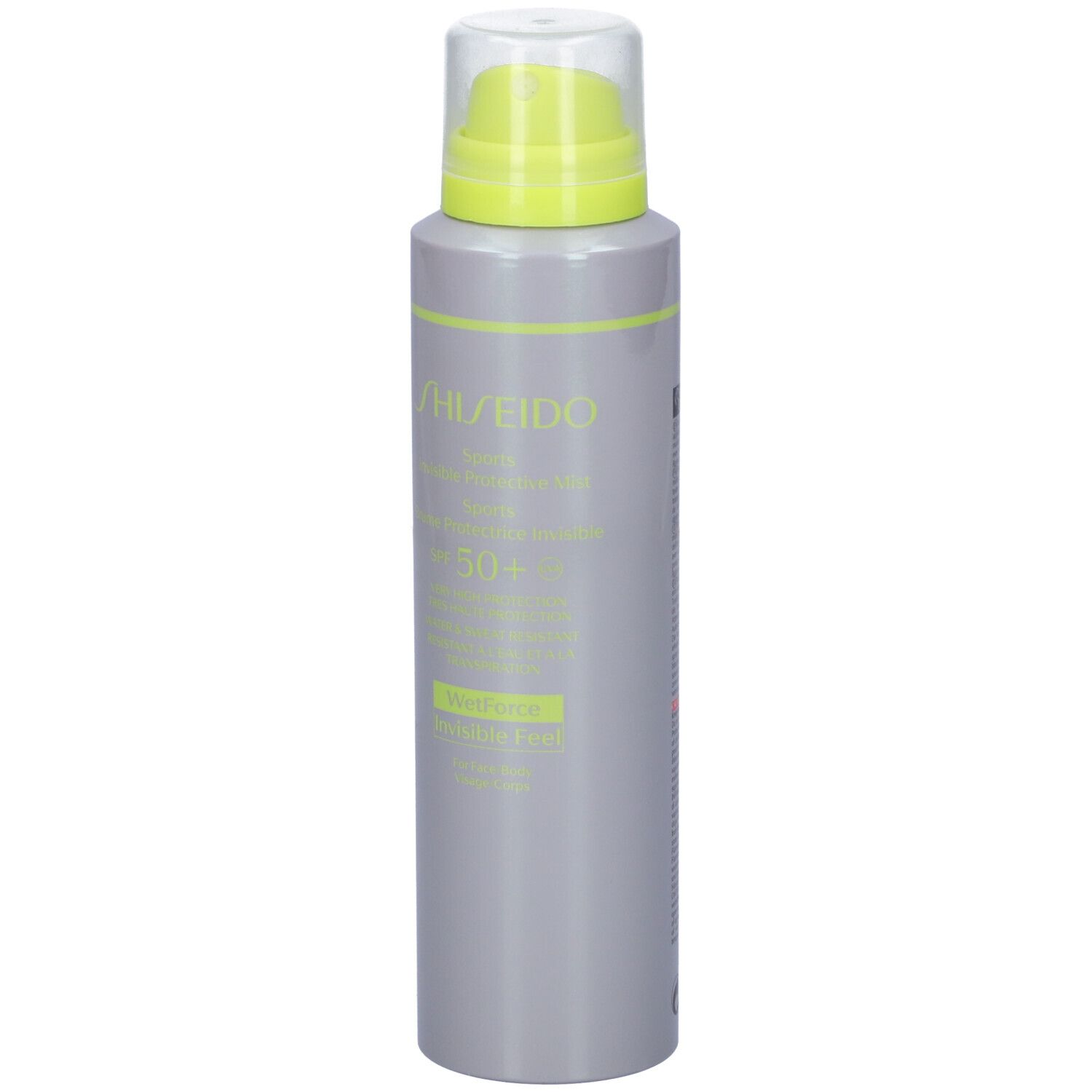 Flacone spray grigio con tappo verde neon. Scritta: SHISEIDO, Sports Invisible Protective Mist SPF 50+. WetForce Invisible Feel.