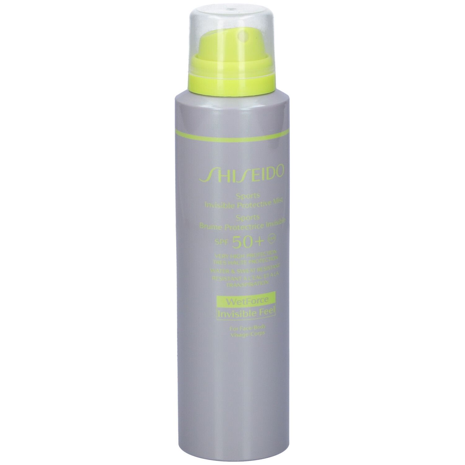 Flacone spray grigio con tappo verde neon. Scritta: SHISEIDO, Sports Invisible Protective Mist SPF 50+. WetForce Invisible Feel.