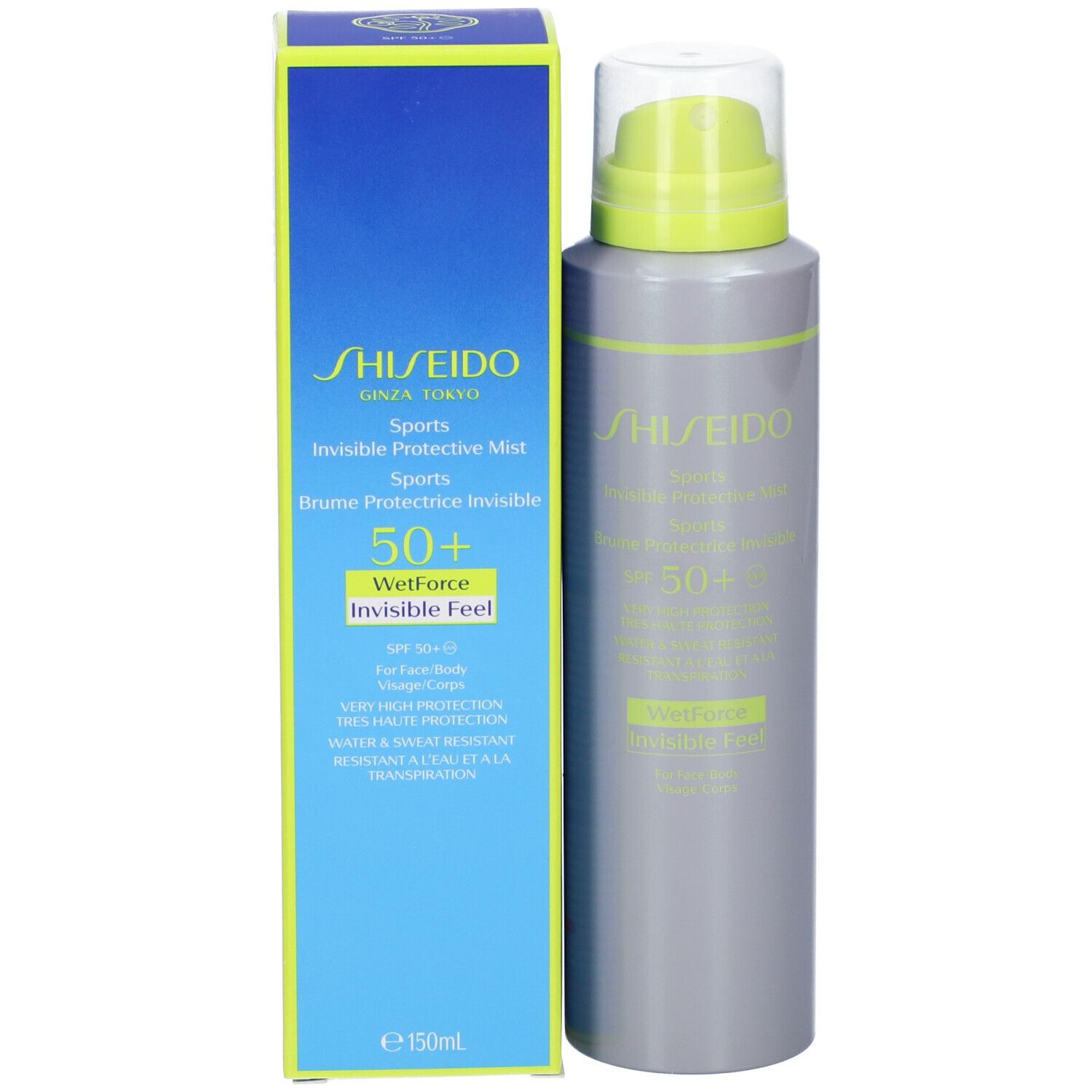Prodotto e confezione. Flacone spray grigio con scatola blu. Scritta: SHISEIDO, Sports Invisible Protective Mist SPF 50+.