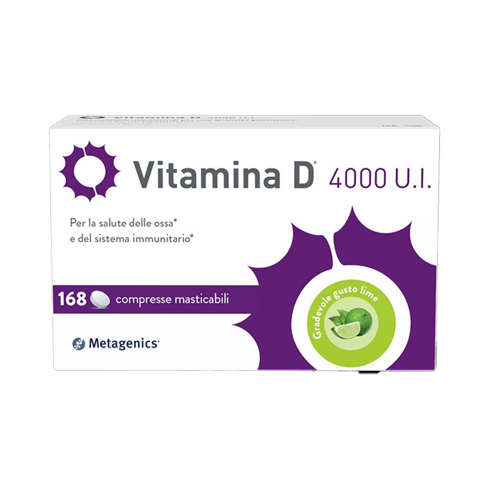 Confezione di Metagenics™ Vitamina D 4000 UI. Bianca, dettagli viola, informazioni. 168 compresse, gusto lime.