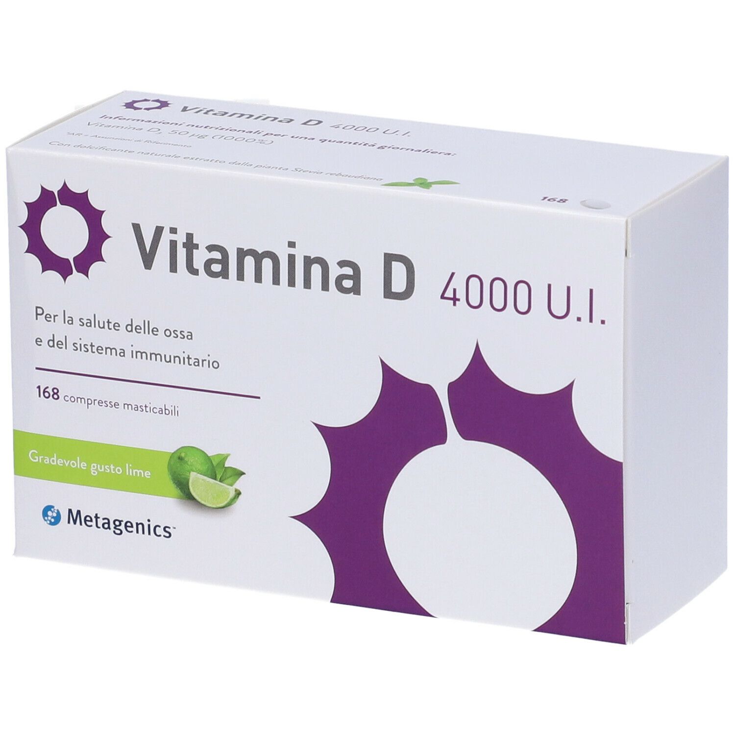 Confezione Metagenics™ Vitamina D 4000 UI. Bianca, design viola. 168 compresse, gusto lime. Vista obliqua.