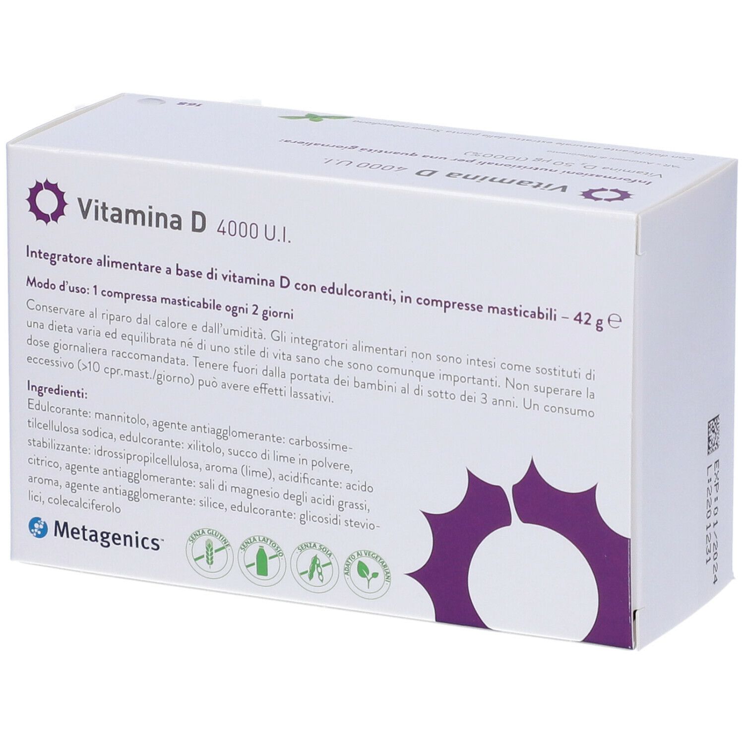 Confezione Metagenics™ Vitamina D 4000 UI. Bianca, design viola. Retro con ingredienti e certificazioni.