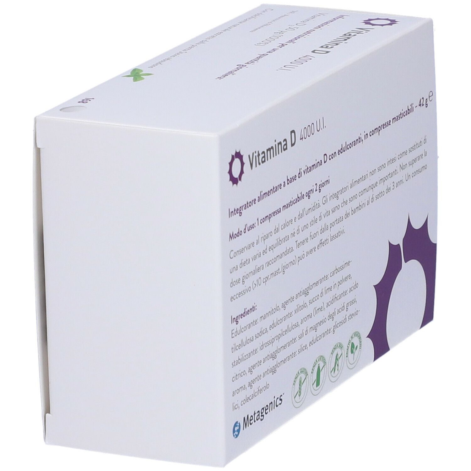 Confezione Metagenics™ Vitamina D 4000 UI. Bianca, design viola. Retro con ingredienti e certificazioni.