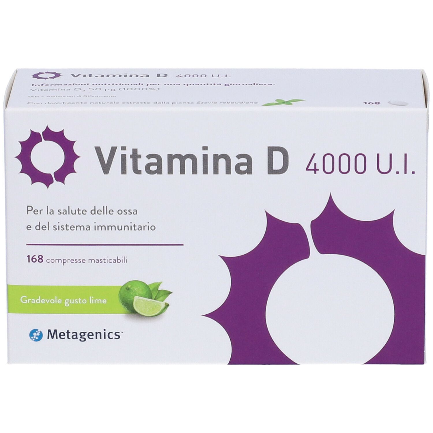 Confezione Metagenics™ Vitamina D 4000 UI. Bianca, design viola. 168 compresse, gusto lime. Vista dall'alto.
