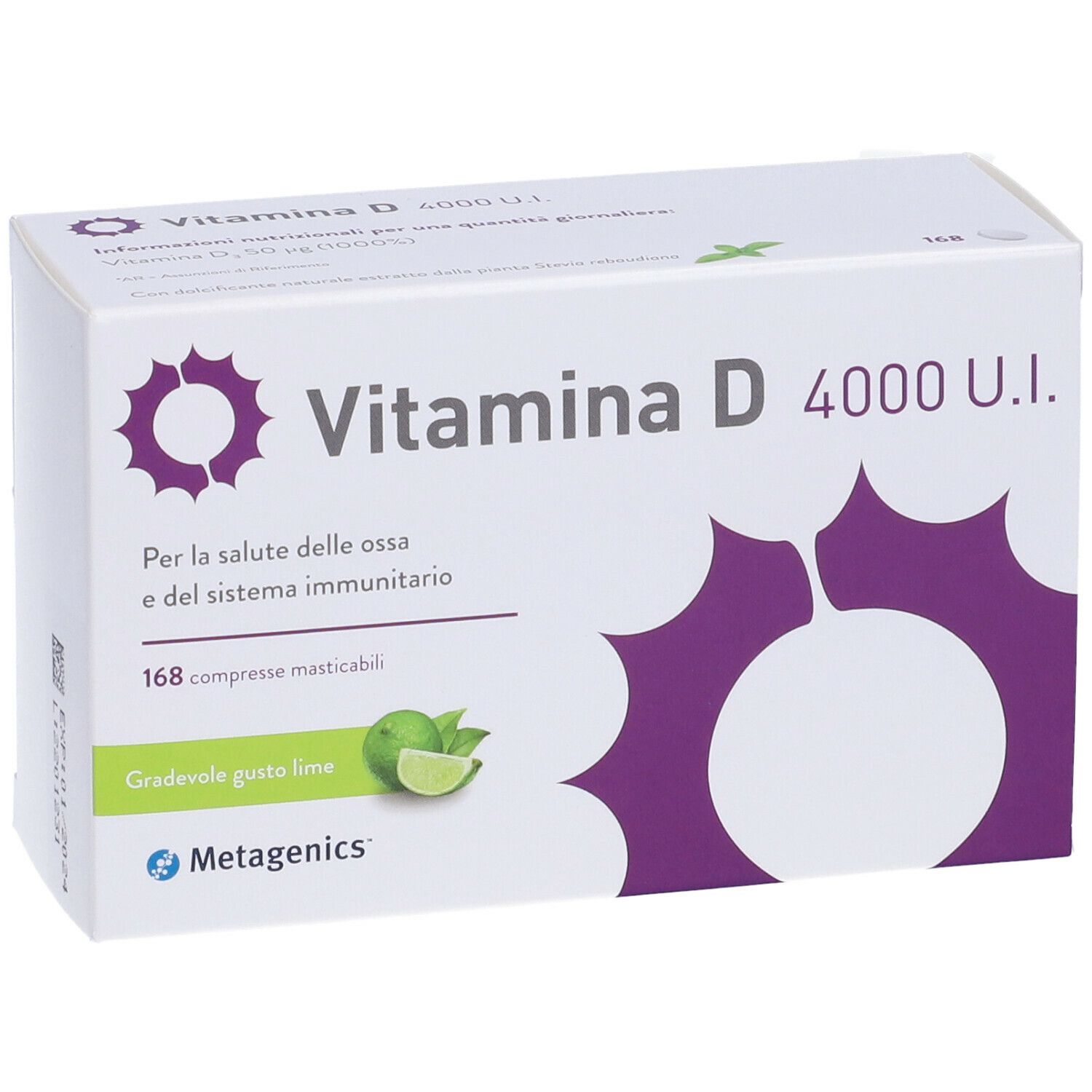 Confezione Metagenics™ Vitamina D 4000 UI. Bianca, design viola. 168 compresse, gusto lime. Vista obliqua.