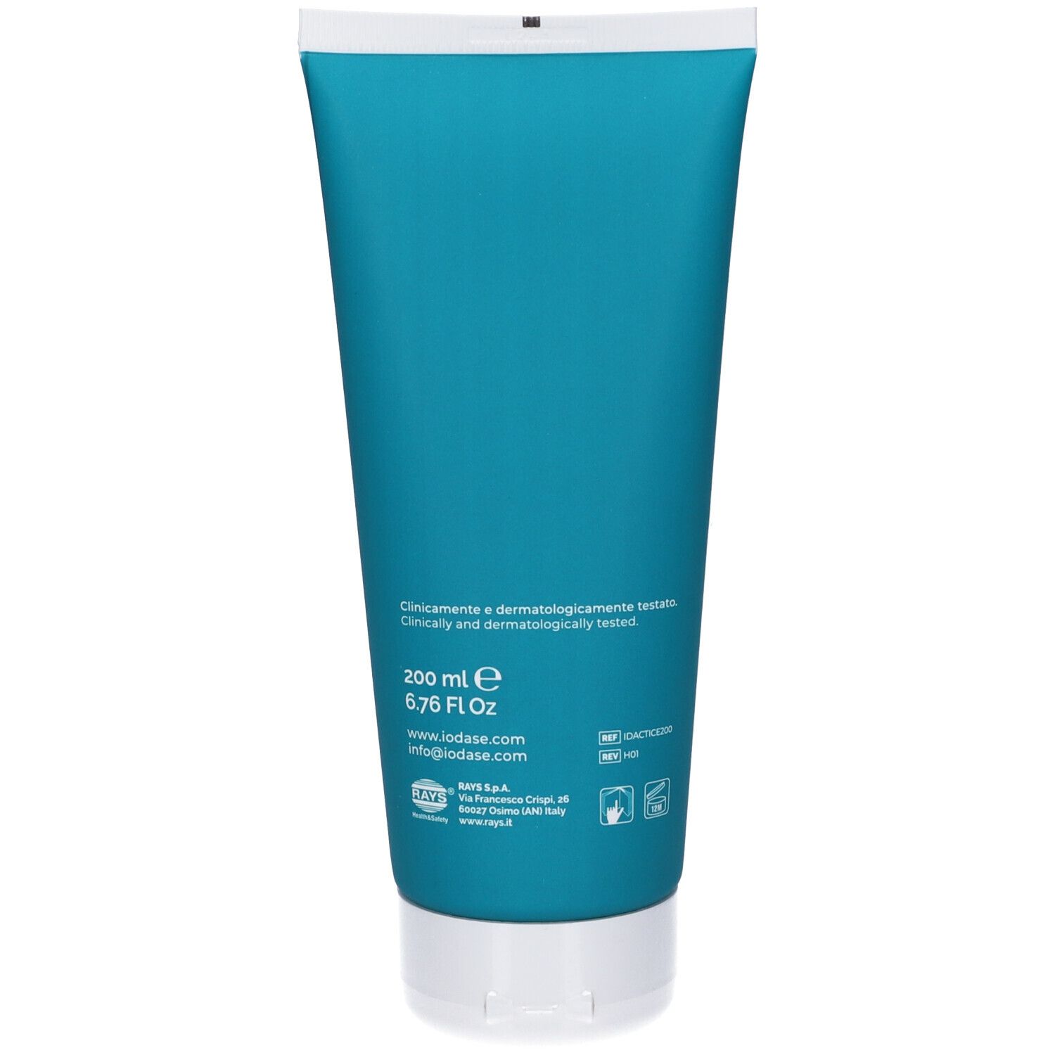 Türkise Tube mit weißem Verschluss, 200 ml. Klinisch und dermatologisch getestet.
