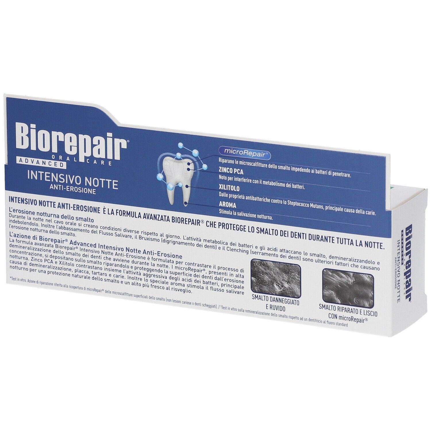 Confezione di dentifricio Biorepair. Scatola bianca con coperchio blu. Nome del prodotto e informazioni.