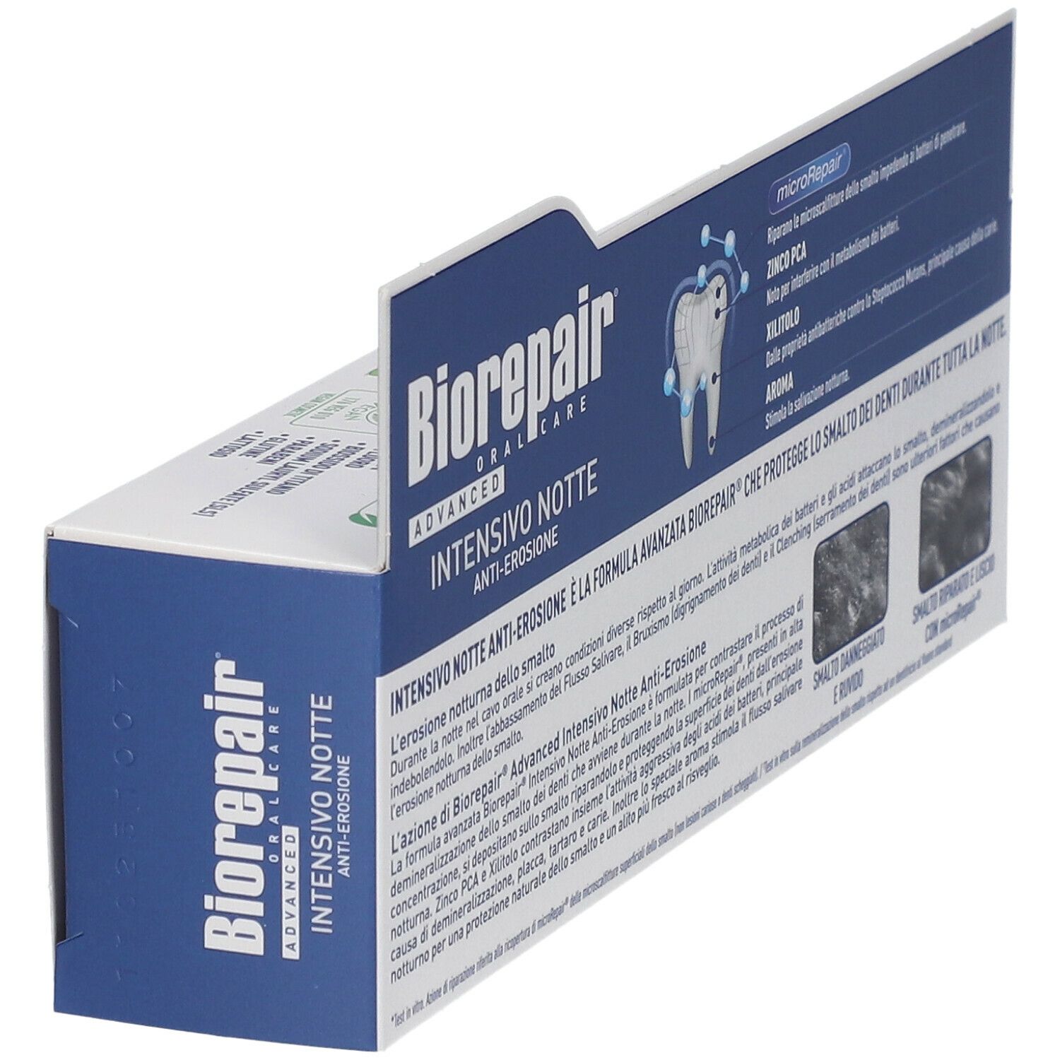 Vista laterale della confezione di dentifricio Biorepair. Scatola bianca con coperchio blu. Nome e logo.