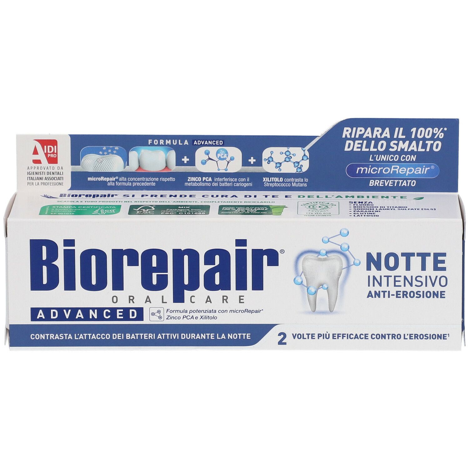 Confezione di dentifricio Biorepair. Scatola bianca con coperchio blu. Nome e logo del prodotto visibili.