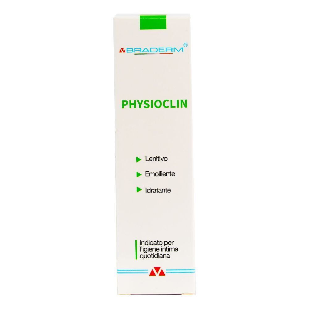 Scatola bianca con accento verde. Scritta: BRADERM PHYSIOCLIN. Testo: Lenitivo, emolliente, idratante.