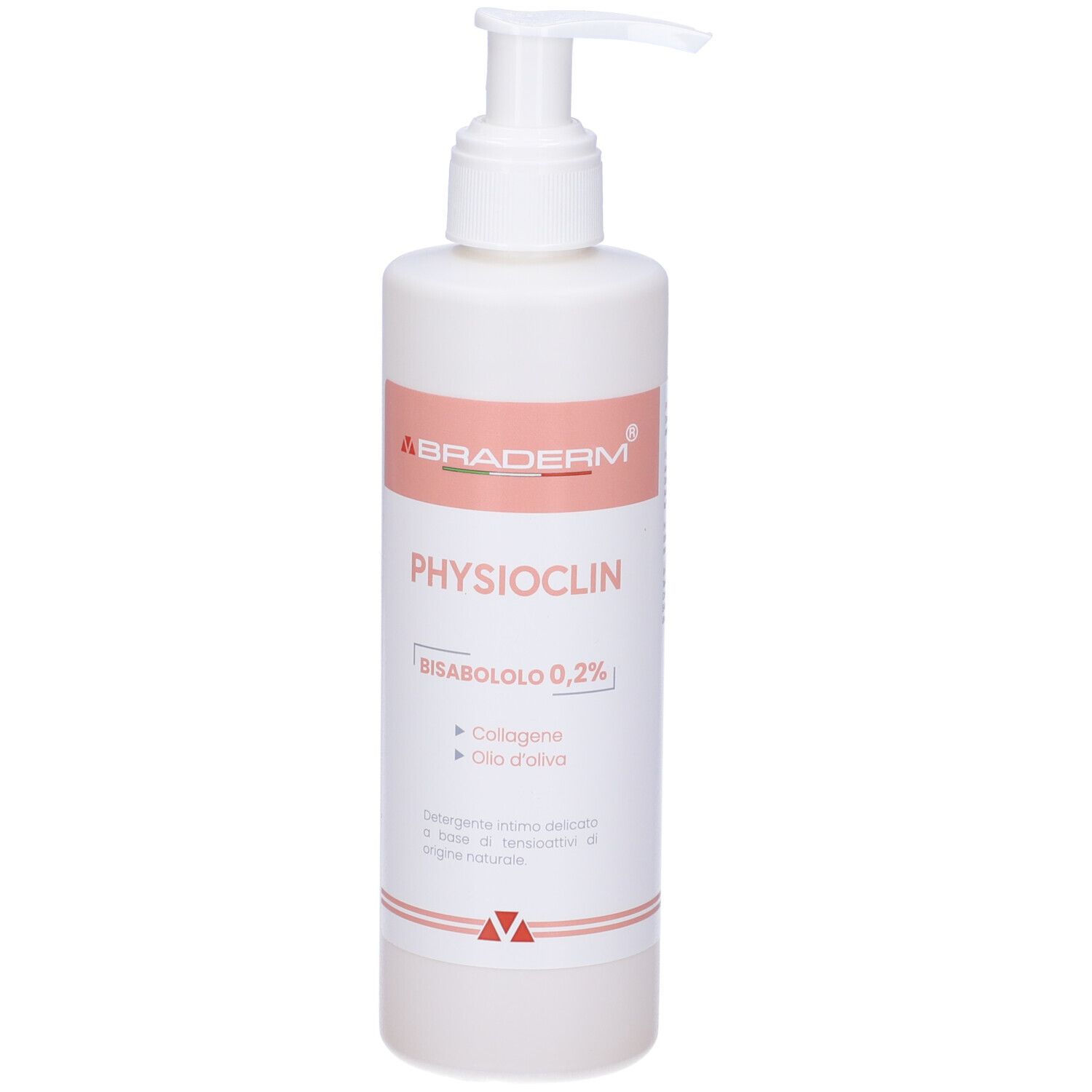 Flacone bianco con pompa ed etichetta rosa. Scritta: BRADERM PHYSIOCLIN. Testo: Bisabololo 0,2%, Collagene, Olio d'oliva.