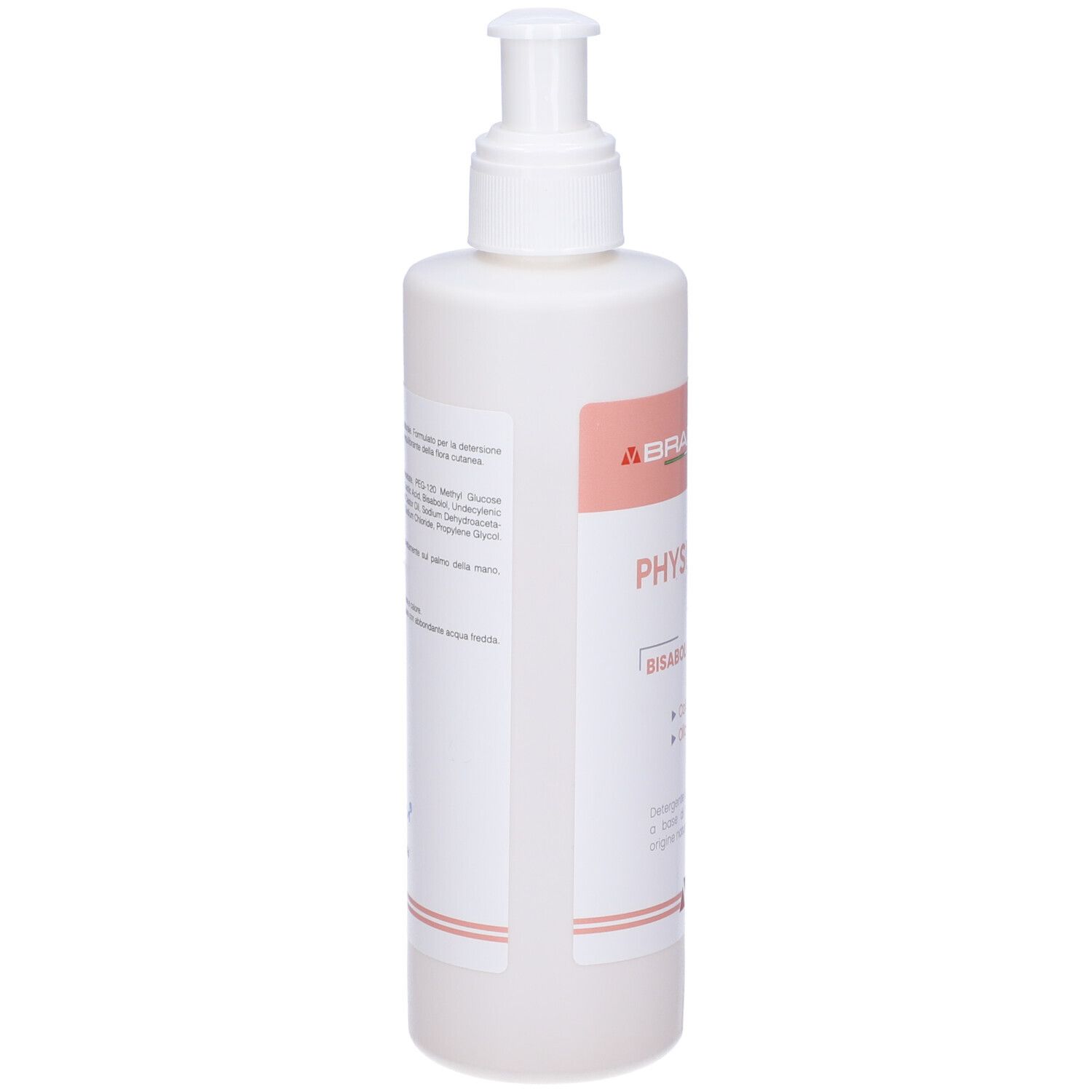 Flacone bianco con pompa ed etichetta rosa. Scritta: BRADERM PHYSIOCLIN. Testo e ingredienti.