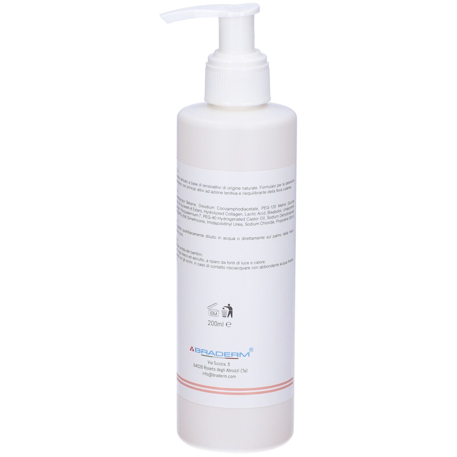 Flacone bianco con pompa ed etichetta rosa. Scritta: BRADERM PHYSIOCLIN. Testo e ingredienti.