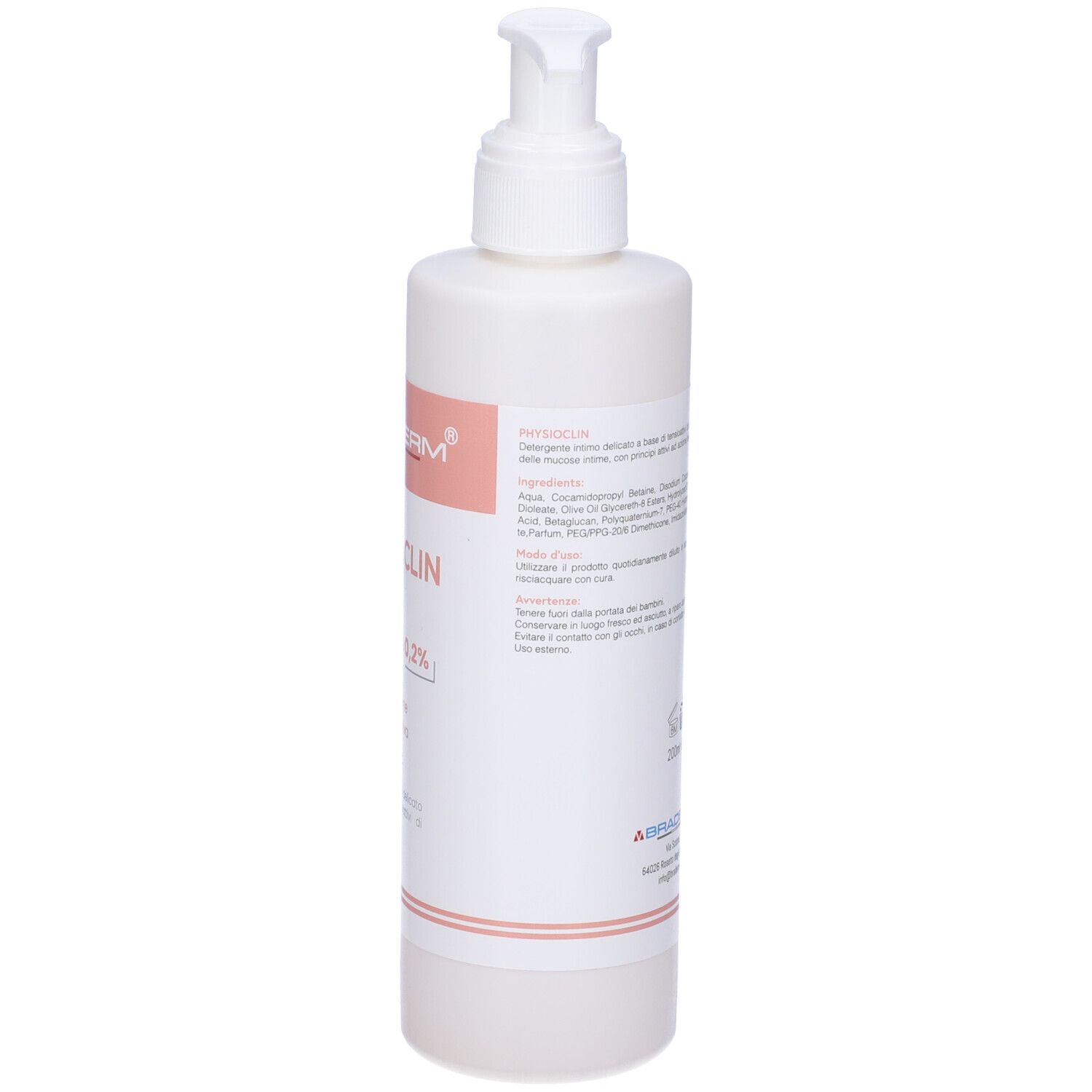 Flacone bianco con pompa ed etichetta rosa. Scritta: BRADERM PHYSIOCLIN. Testo e ingredienti.