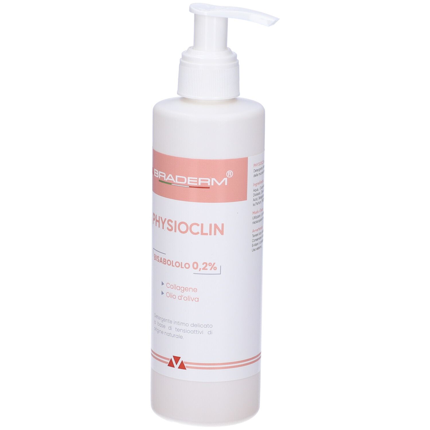 Flacone bianco con pompa ed etichetta rosa. Scritta: BRADERM PHYSIOCLIN. Testo: Bisabololo 0,2%, Collagene, Olio d'oliva.