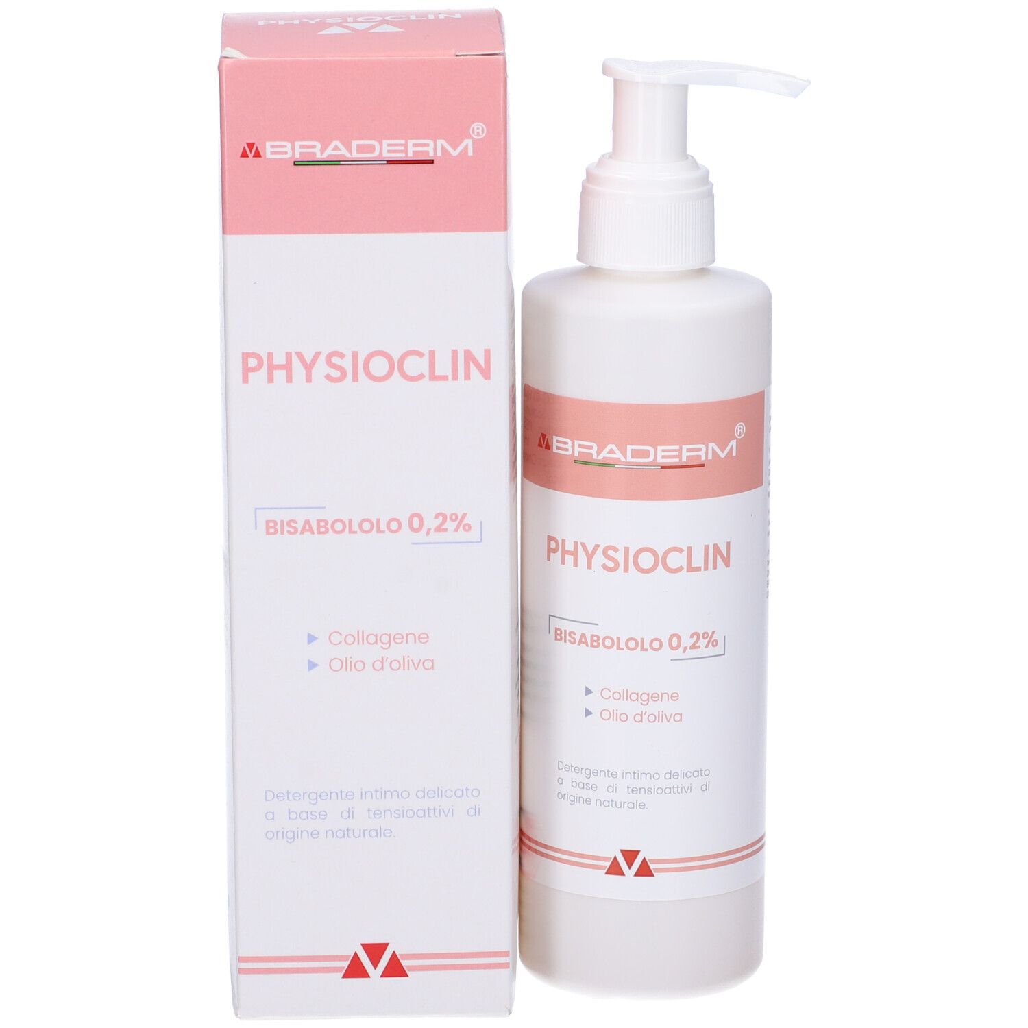 Confezione del prodotto: flacone con pompa e scatola. Scritta: BRADERM PHYSIOCLIN. Testo: Bisabololo 0,2%, Collagene, Olio d'oliva.