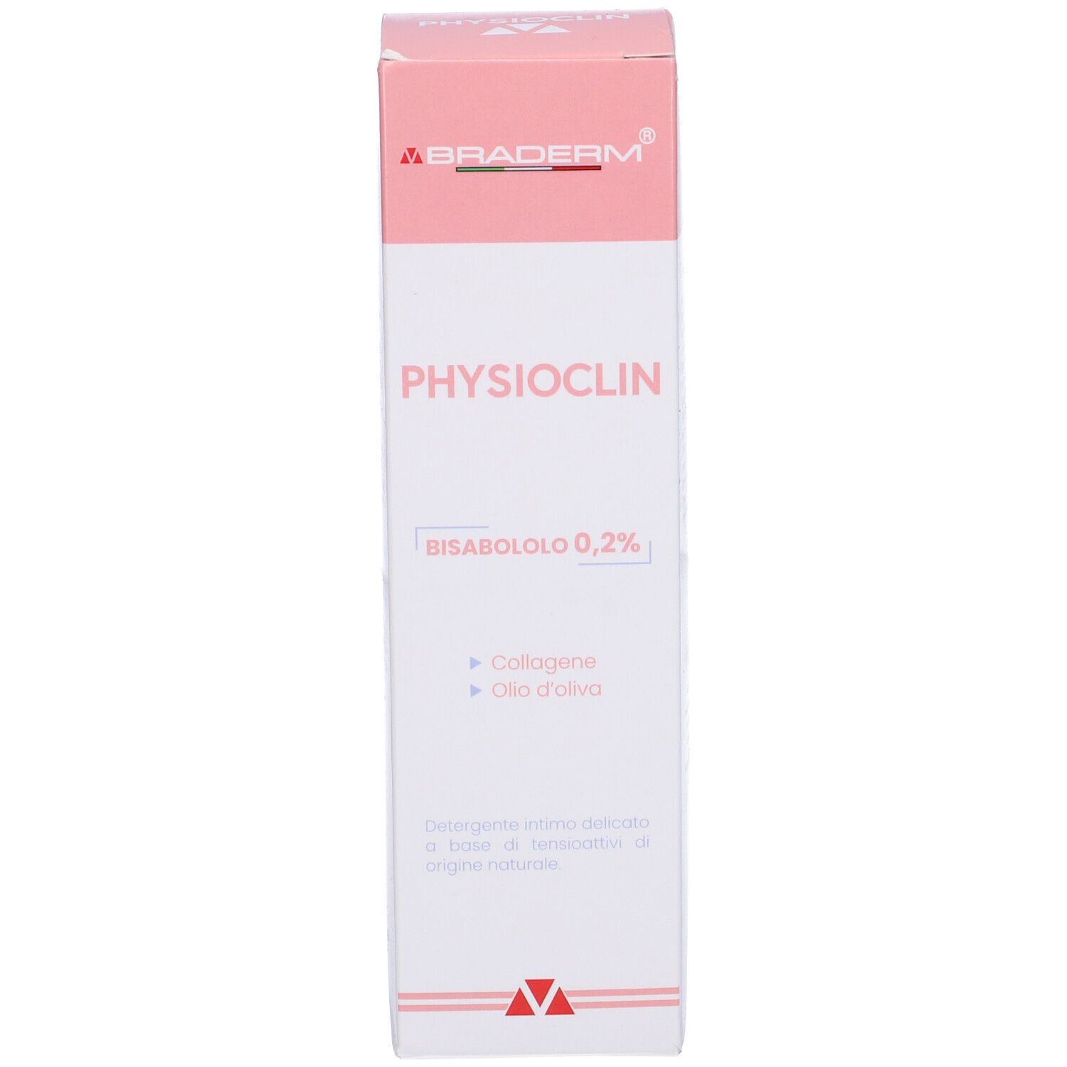 Scatola bianca. Scritta: BRADERM PHYSIOCLIN. Testo: Bisabololo 0,2%, Collagene, Olio d'oliva.