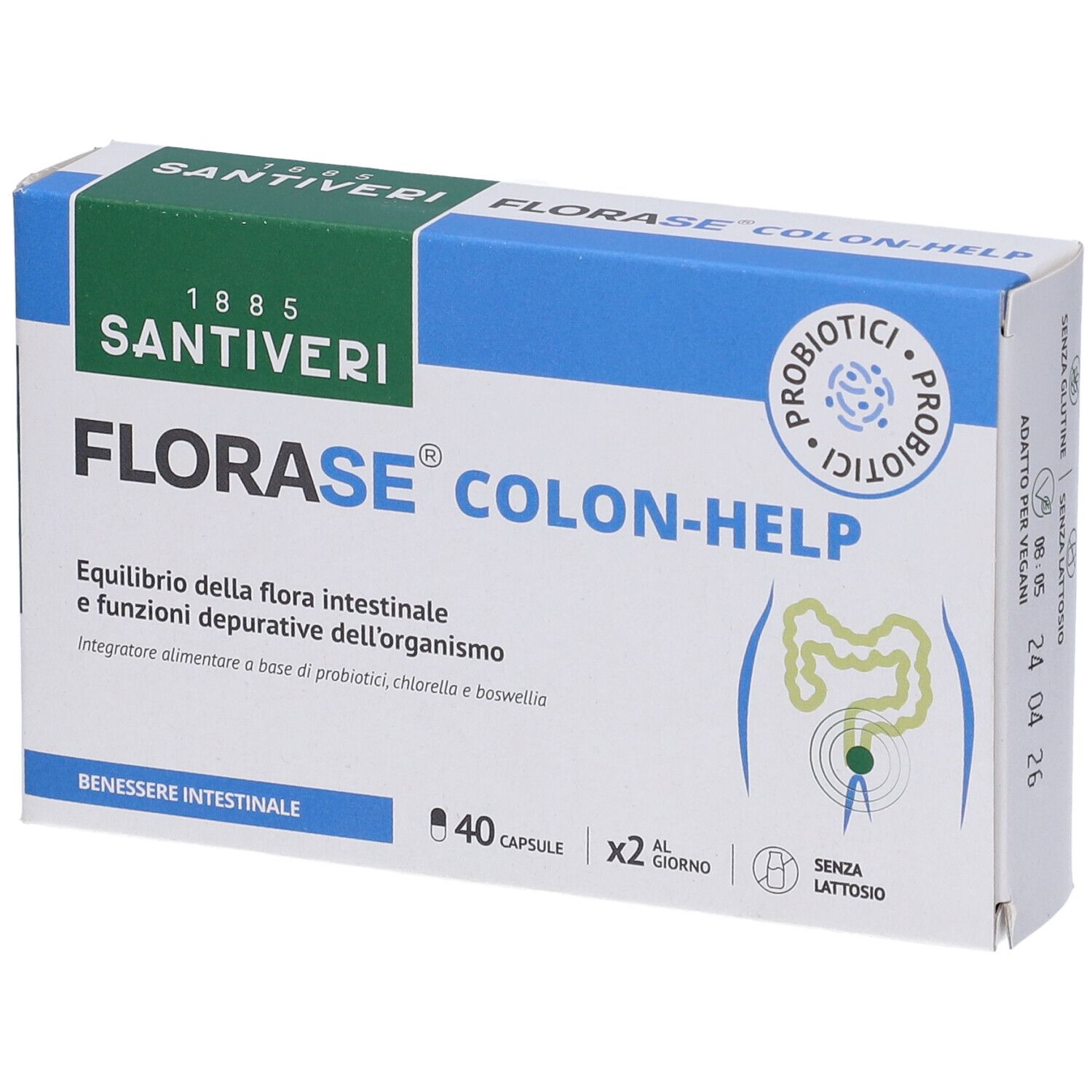 Scatola FLORASE Colon-Help. Contiene 40 capsule. Logo Santiveri e sigillo probiotici. Testo: 'Equilibrio della flora intestinale'.