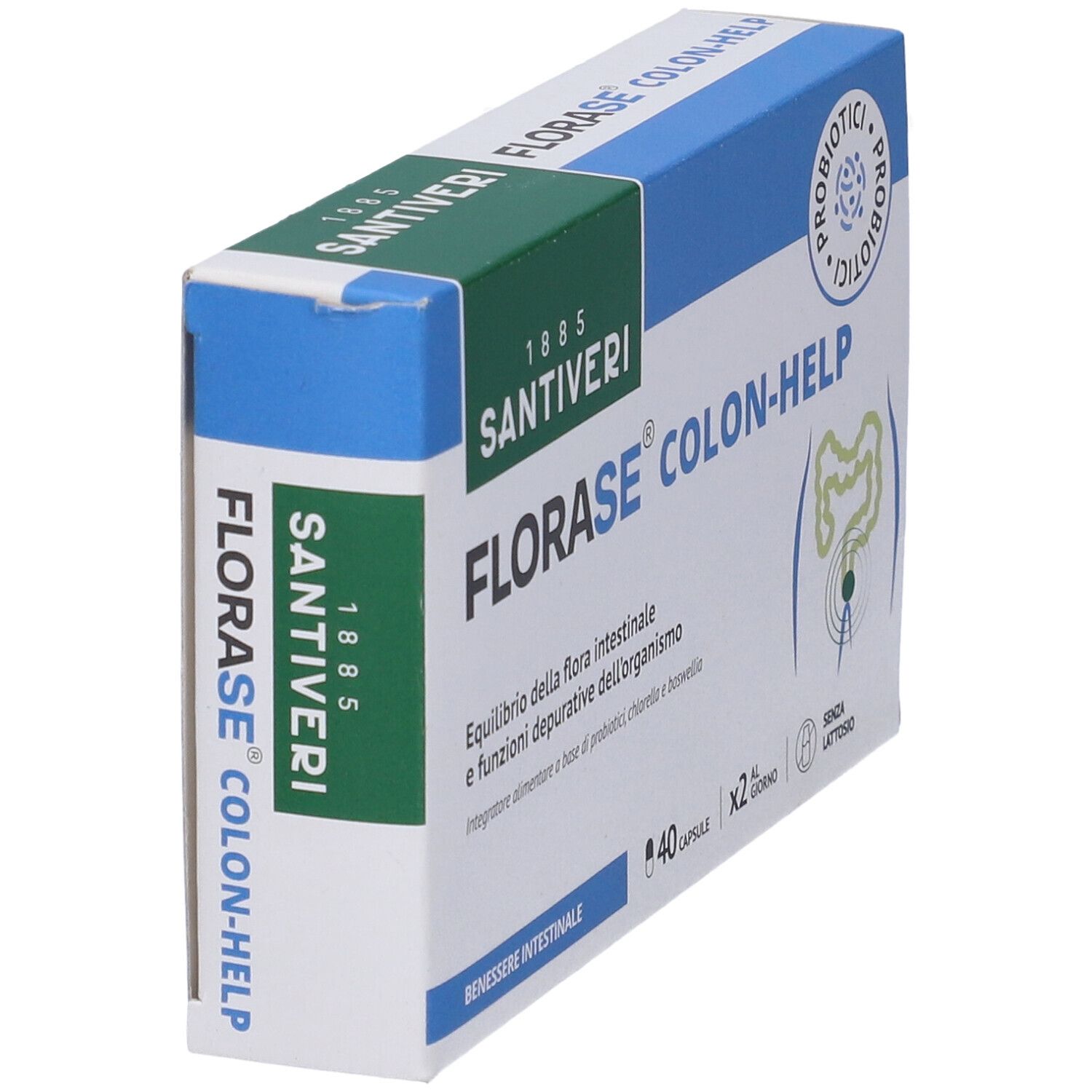 Confezione angolata FLORASE Colon-Help. Logo Santiveri. Testo: 'Equilibrio della flora intestinale'. Contiene 40 capsule. Sigillo probiotici.