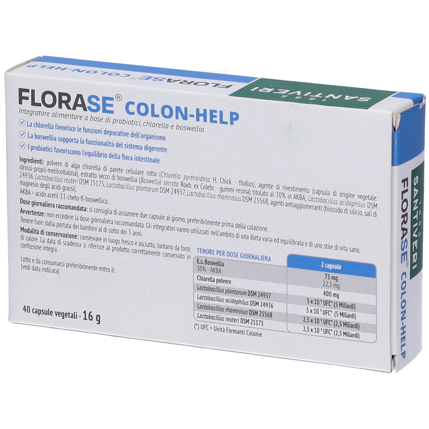 Retro della confezione FLORASE Colon-Help. Contiene ingredienti e dosaggio. Testo: '40 capsule vegetali - 16 g'.