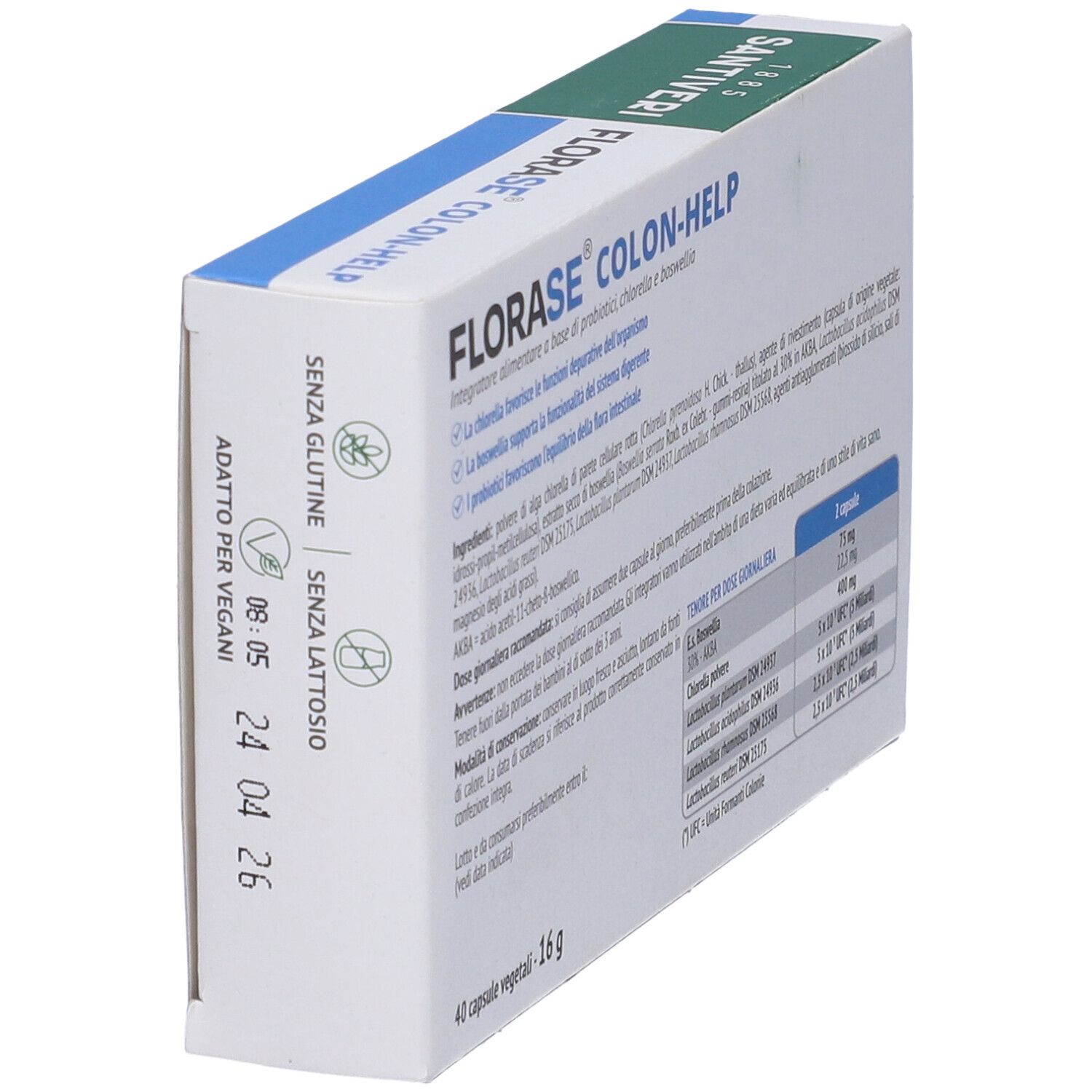 Confezione angolata FLORASE Colon-Help. Testo: 'Senza glutine', 'Adatto per vegani', 'Senza lattosio'. Contiene ingredienti e dosaggio.