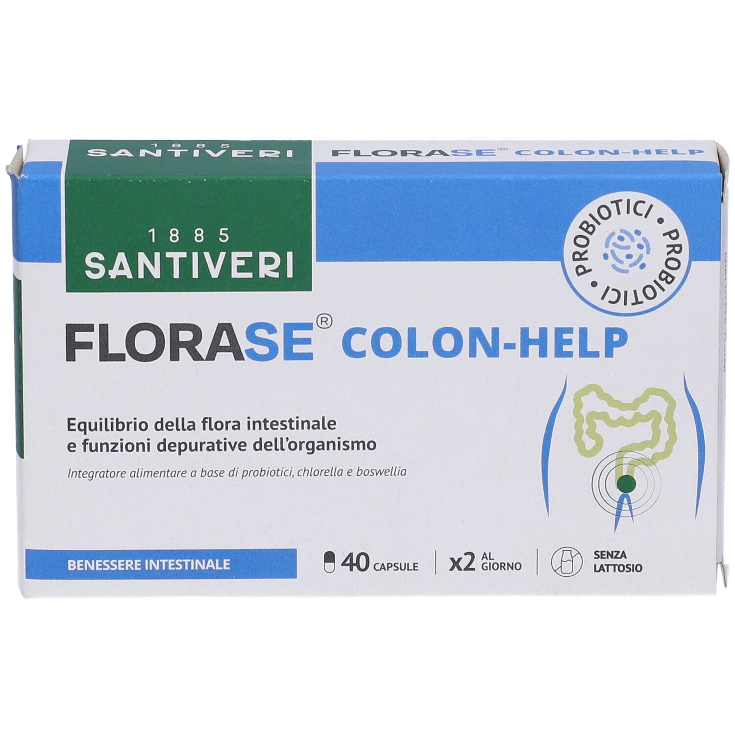 Scatola FLORASE Colon-Help. Contiene 40 capsule. Logo Santiveri e sigillo probiotici. Testo: 'Equilibrio della flora intestinale'.