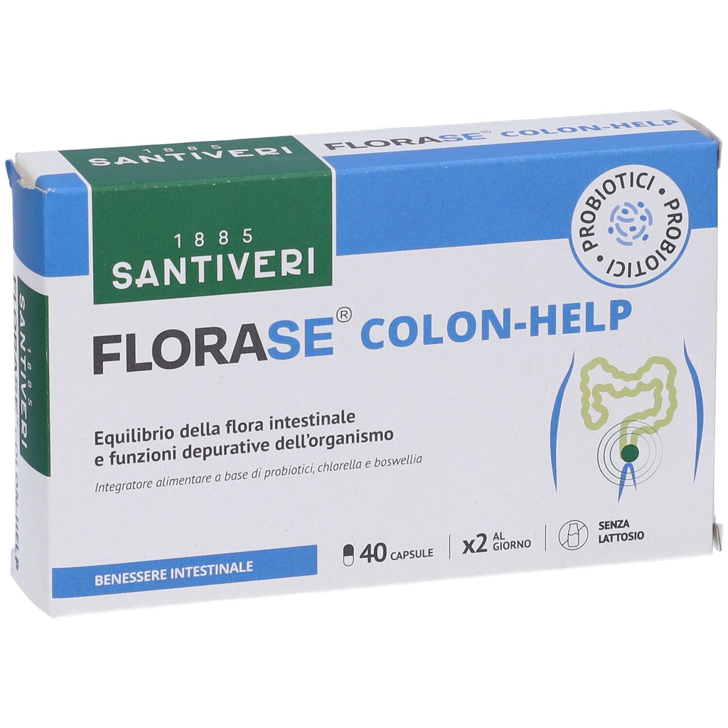 Scatola FLORASE Colon-Help. Contiene 40 capsule. Logo Santiveri e sigillo probiotici. Testo: 'Equilibrio della flora intestinale'.