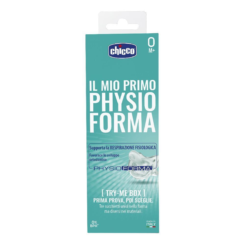 Confezione Chicco Trymebox Physioforma. Turchese e bianco. Testo: Il Mio Primo Physioforma, Try-Me Box. 0% BPA. Prodotto in Italia.