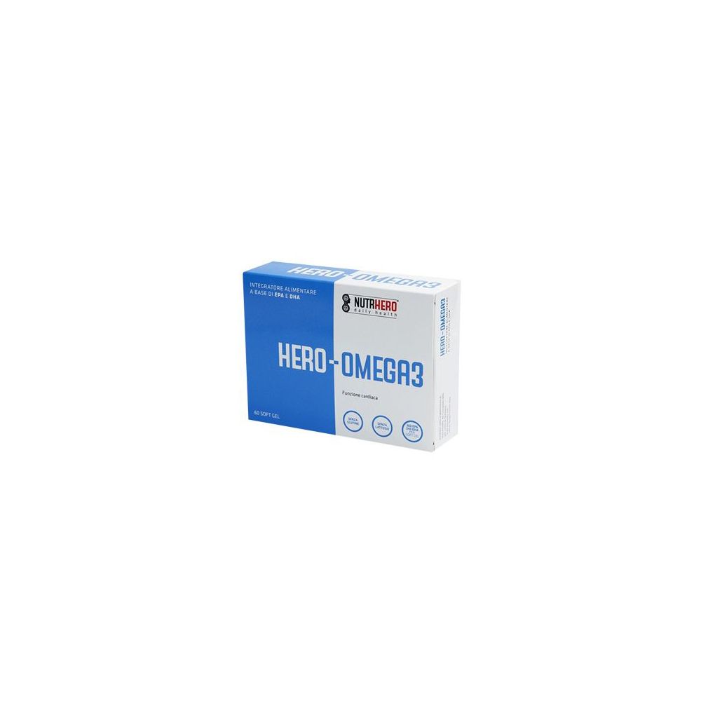 Confezione blu e bianca con scritta HERO-OMEGA3. Logo NutrHero. Nome del prodotto e logo ben visibili.