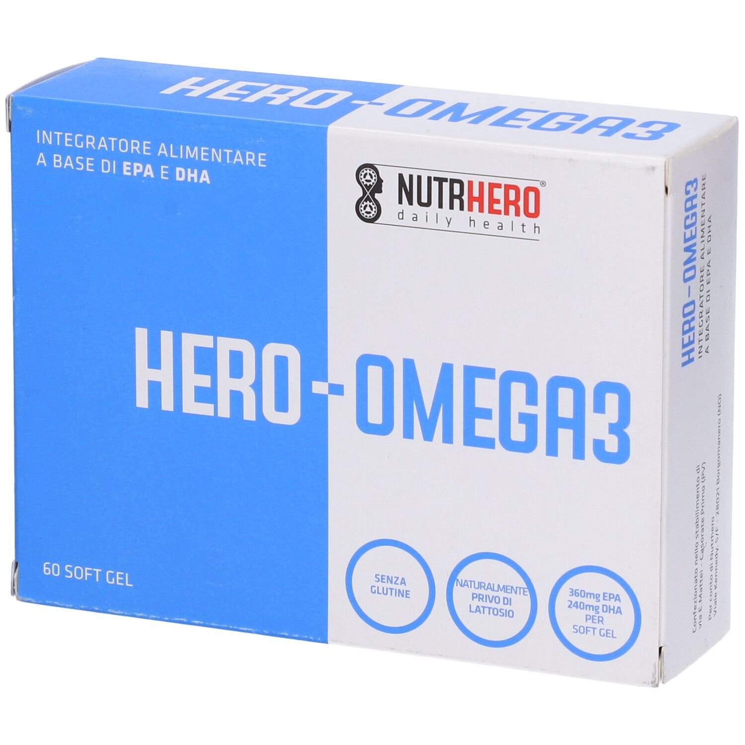 Confezione blu e bianca con HERO-OMEGA3. Logo NutrHero. Contiene 60 softgel. Senza glutine, senza lattosio.