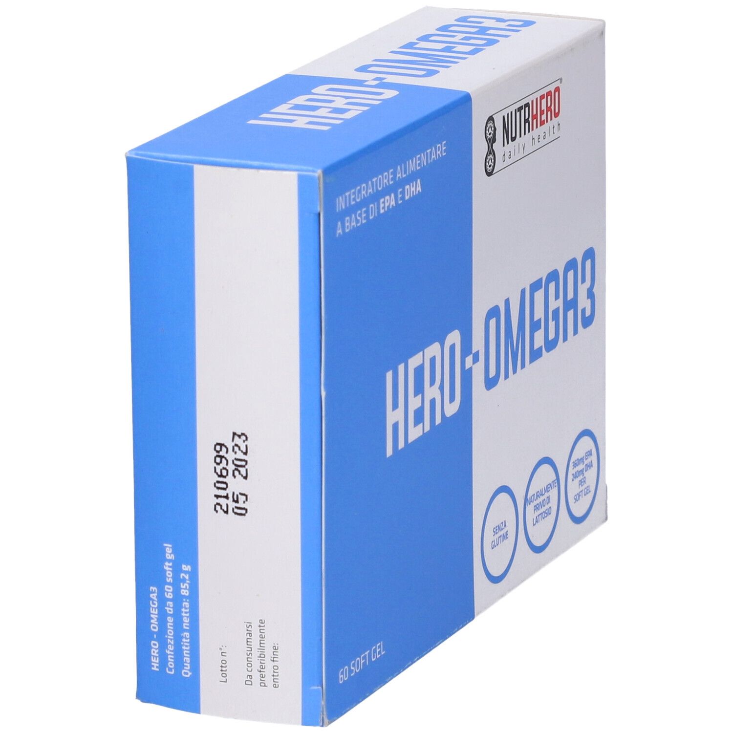 Confezione blu e bianca con HERO-OMEGA3. Logo NutrHero. Contiene 60 softgel. Scadenza: 05 2023.