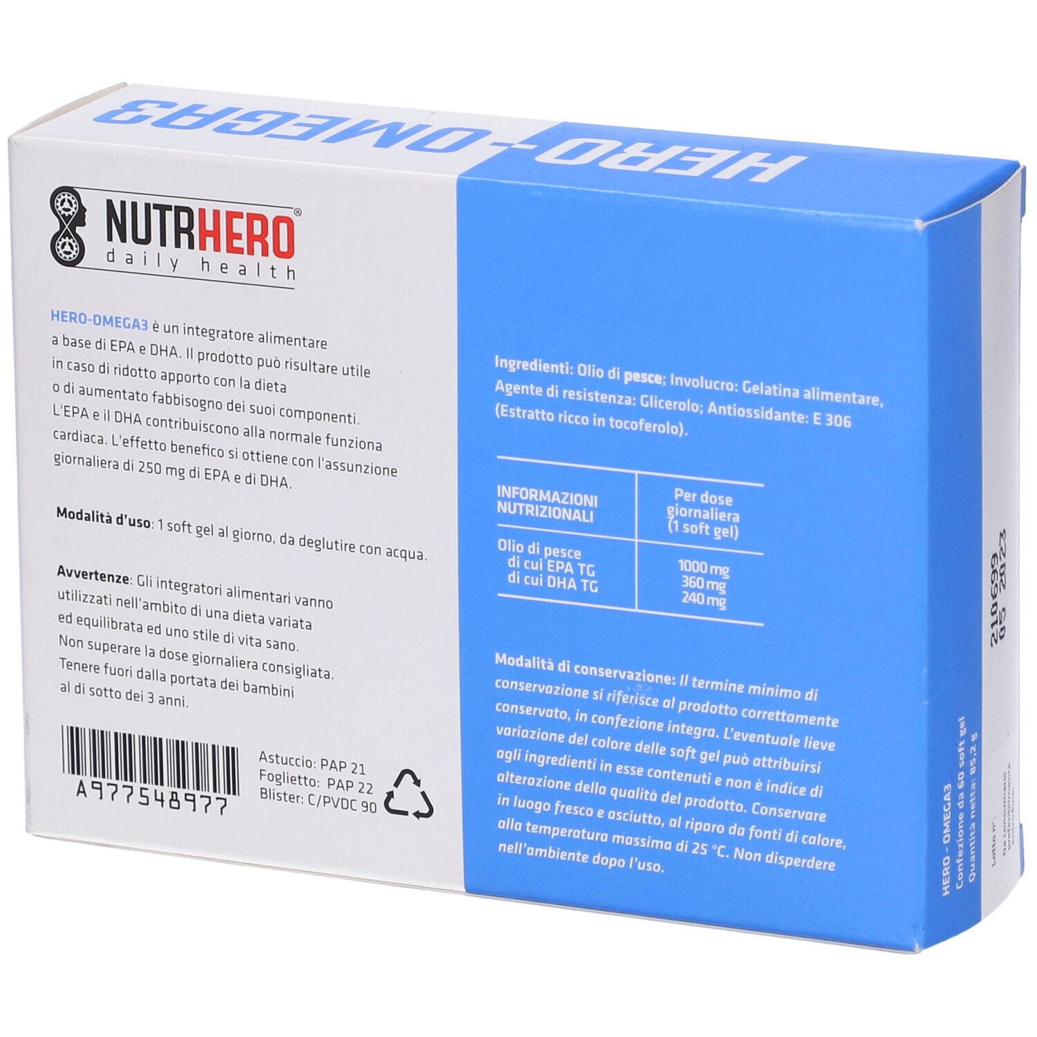 Retro della confezione con informazioni su HERO-OMEGA3. Lista ingredienti, istruzioni per l'uso e informazioni nutrizionali visibili.