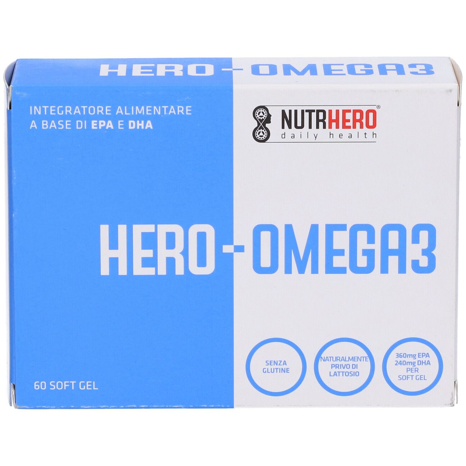 Confezione blu e bianca con HERO-OMEGA3. Logo NutrHero. Contiene 60 softgel. Senza glutine, senza lattosio.