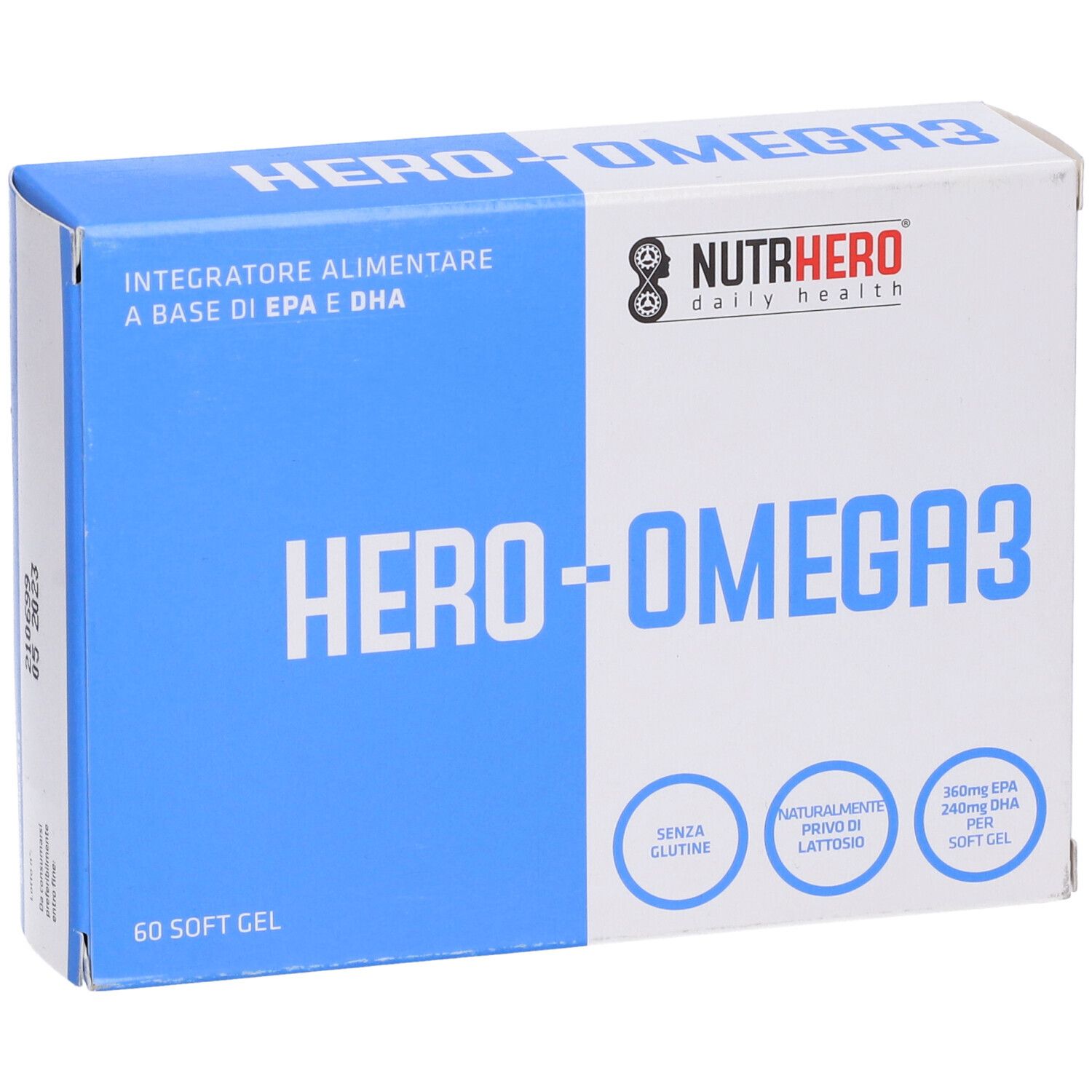 Confezione blu e bianca con HERO-OMEGA3. Logo NutrHero. Contiene 60 softgel. Senza glutine, senza lattosio.