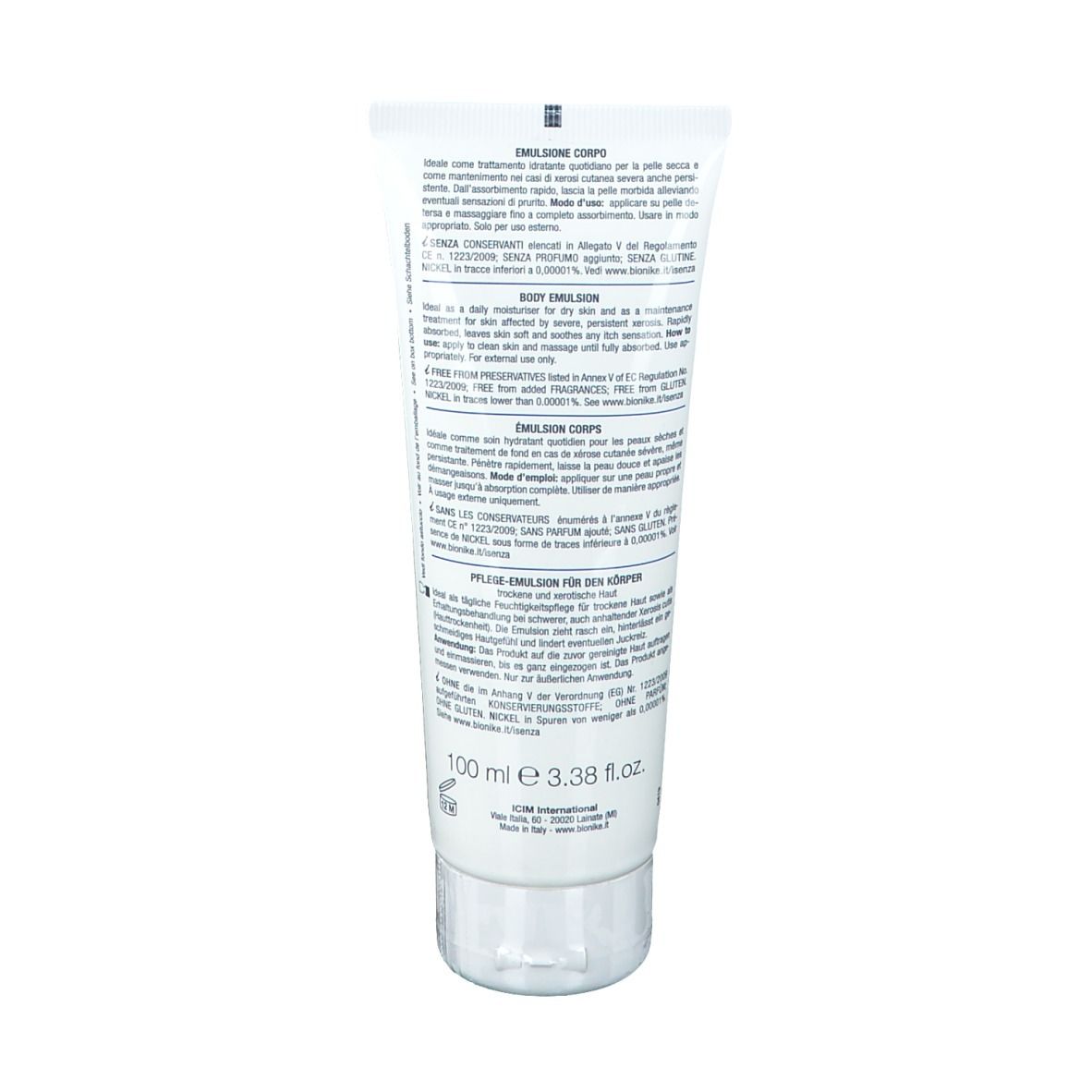 Retro di un tubo bianco. Testo multilingue. Scritta: Emulsione Corpo, 100 ml, Bionike.
