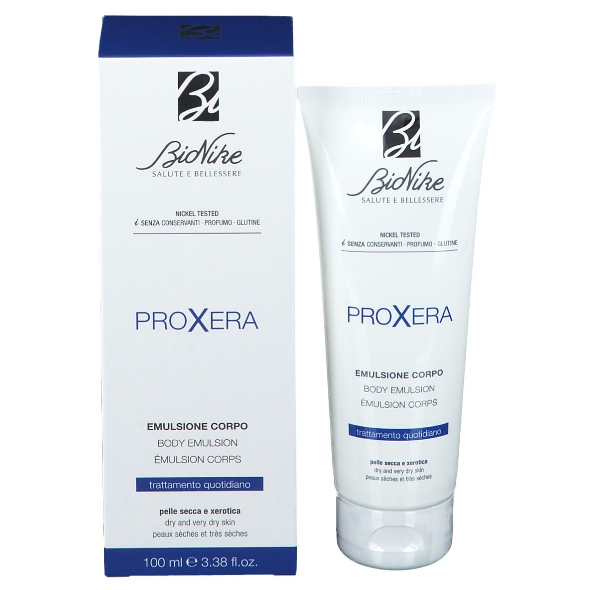 Confezione del prodotto con tubo. Scritta: Bionike, Proxera, Emulsione Corpo, Trattamento Quotidiano, 100 ml.