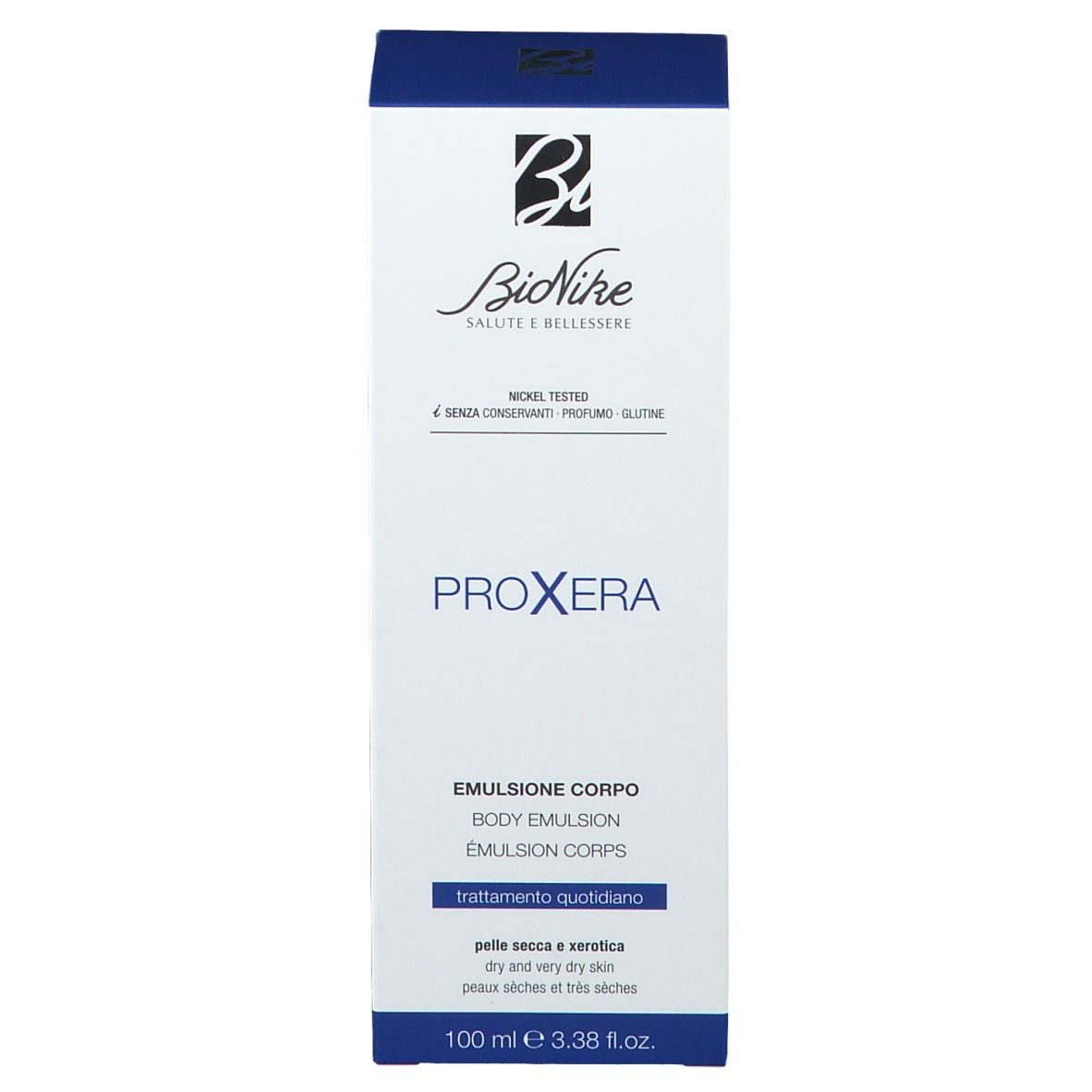 Confezione del prodotto. Scritta: Bionike, Proxera, Emulsione Corpo, Trattamento Quotidiano, 100 ml.