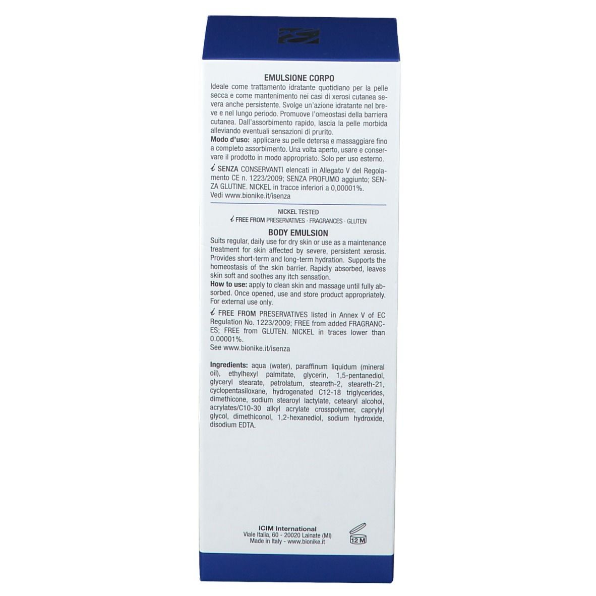 Retro della confezione del prodotto. Testo multilingue. Scritta: Emulsione Corpo, Bionike.