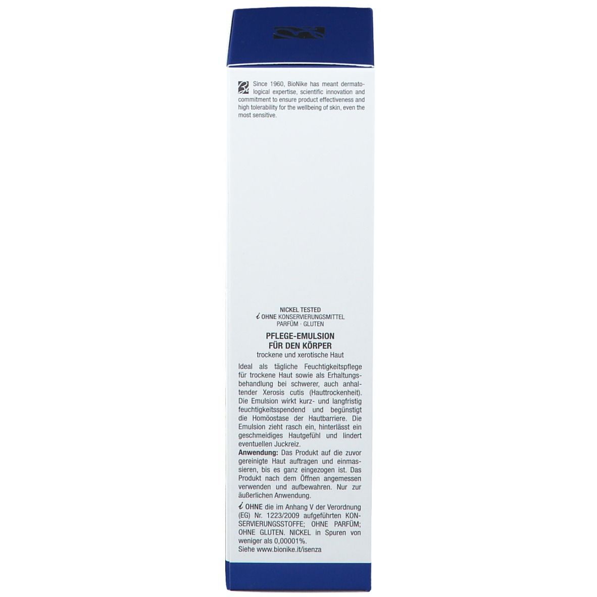 Retro della confezione del prodotto. Testo multilingue. Scritta: Emulsione Corpo, Bionike.