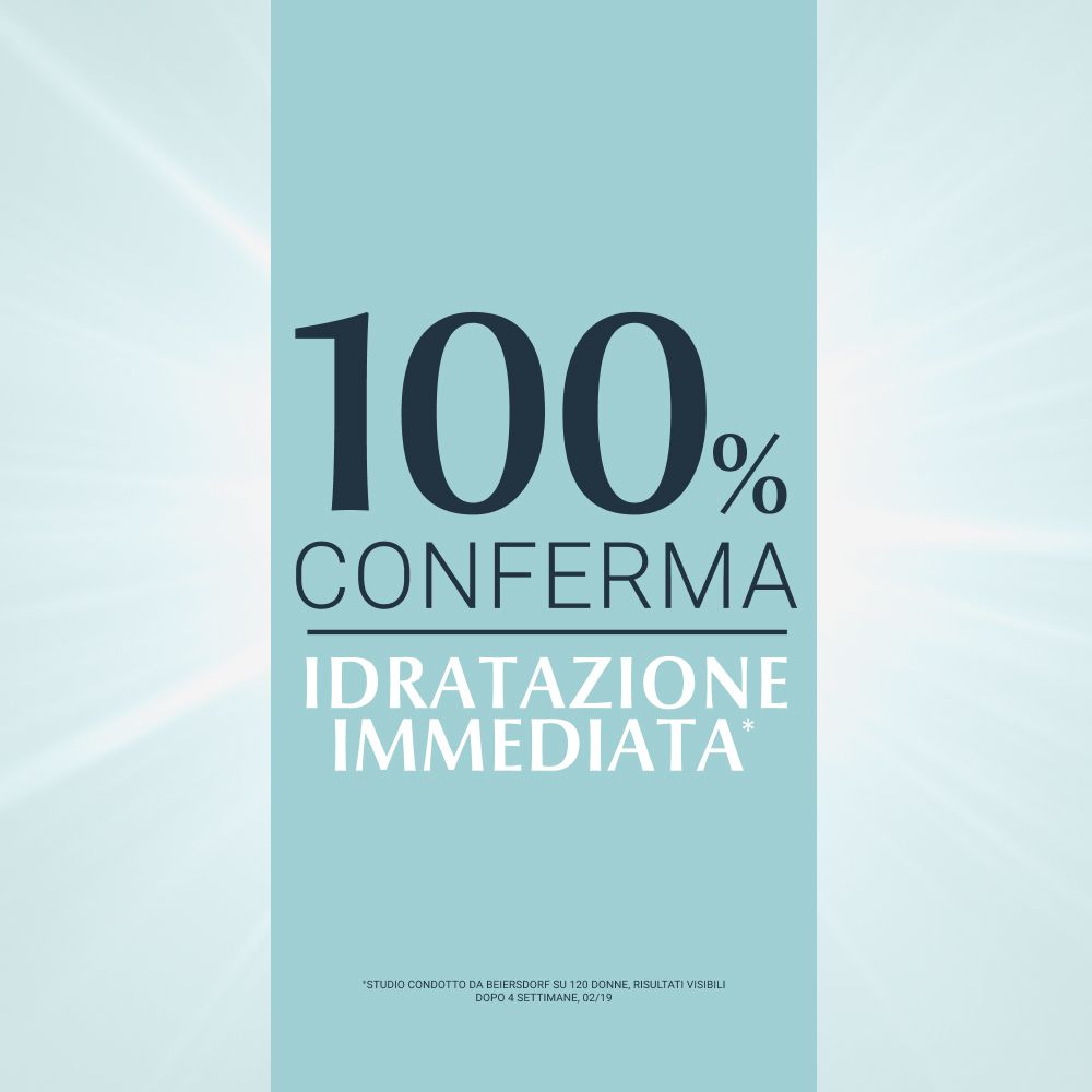 Blauer Hintergrund mit Text: 100% Bestätigung. Sofortige Hydratation.