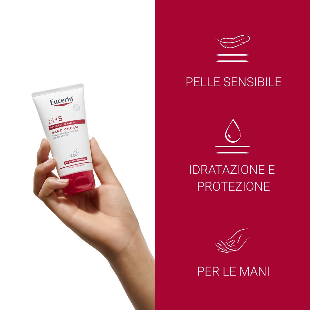 Hand hält Eucerin pH5 Handcreme. Text: Für empfindliche Haut, spendet Feuchtigkeit und schützt, für die Hände.