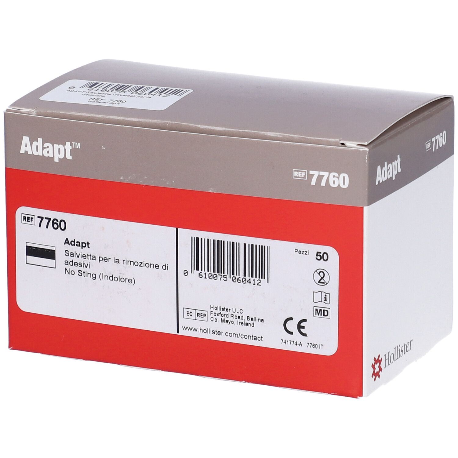 Scatola Adapt, rosso-bianco-grigio. Scritte: Adapt, REF 7760, Salviette per la rimozione di adesivi, 50 pezzi. Marchio CE.