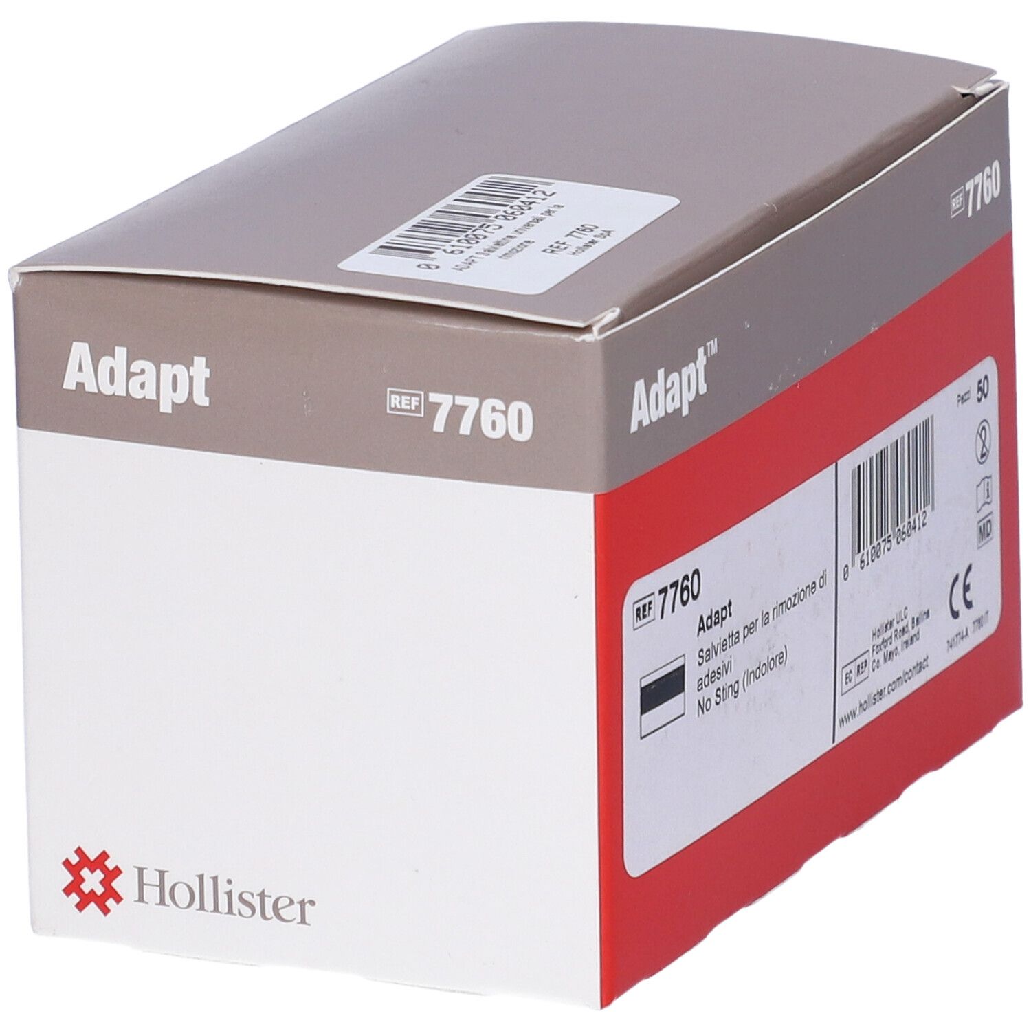 Scatola Adapt, rosso-bianco-grigio. Scritte: Adapt, REF 7760, Salviette per la rimozione di adesivi, 50 pezzi. Logo Hollister.