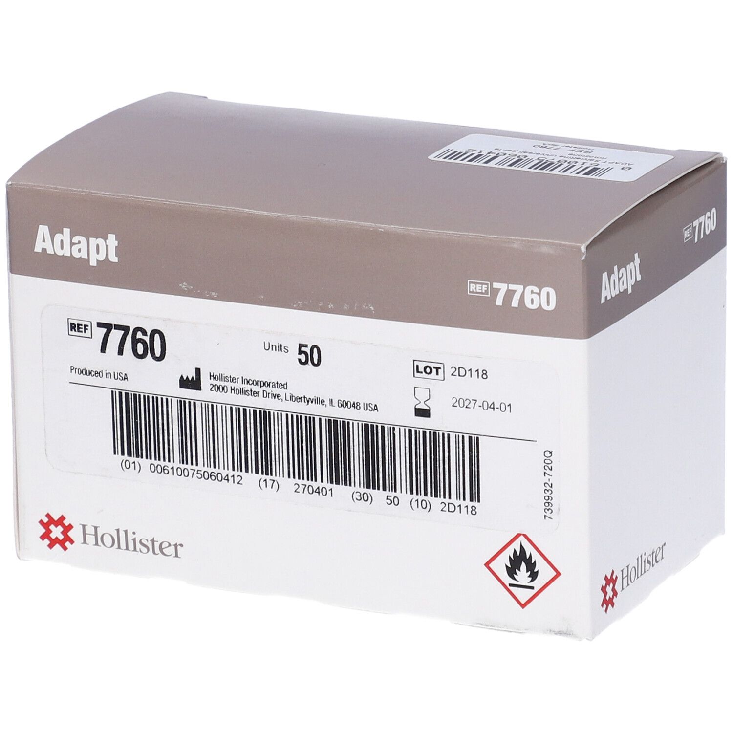 Scatola Adapt, rosso-bianco-grigio. Scritte: Adapt, REF 7760, 50 pezzi. Logo Hollister. Avvertenza: facilmente infiammabile.