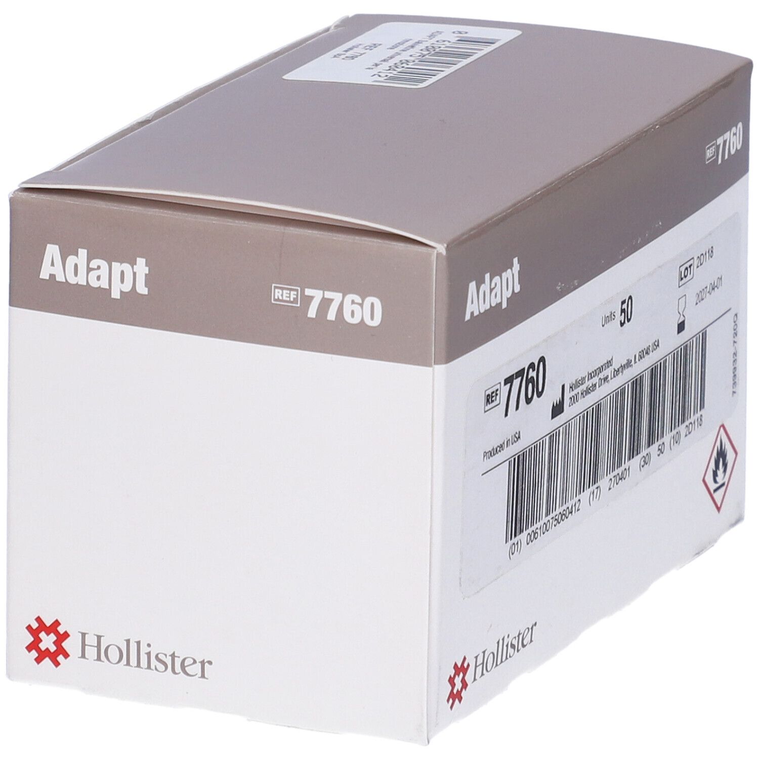 Scatola Adapt, rosso-bianco-grigio. Scritte: Adapt, REF 7760, 50 pezzi. Logo Hollister. Avvertenza: facilmente infiammabile.