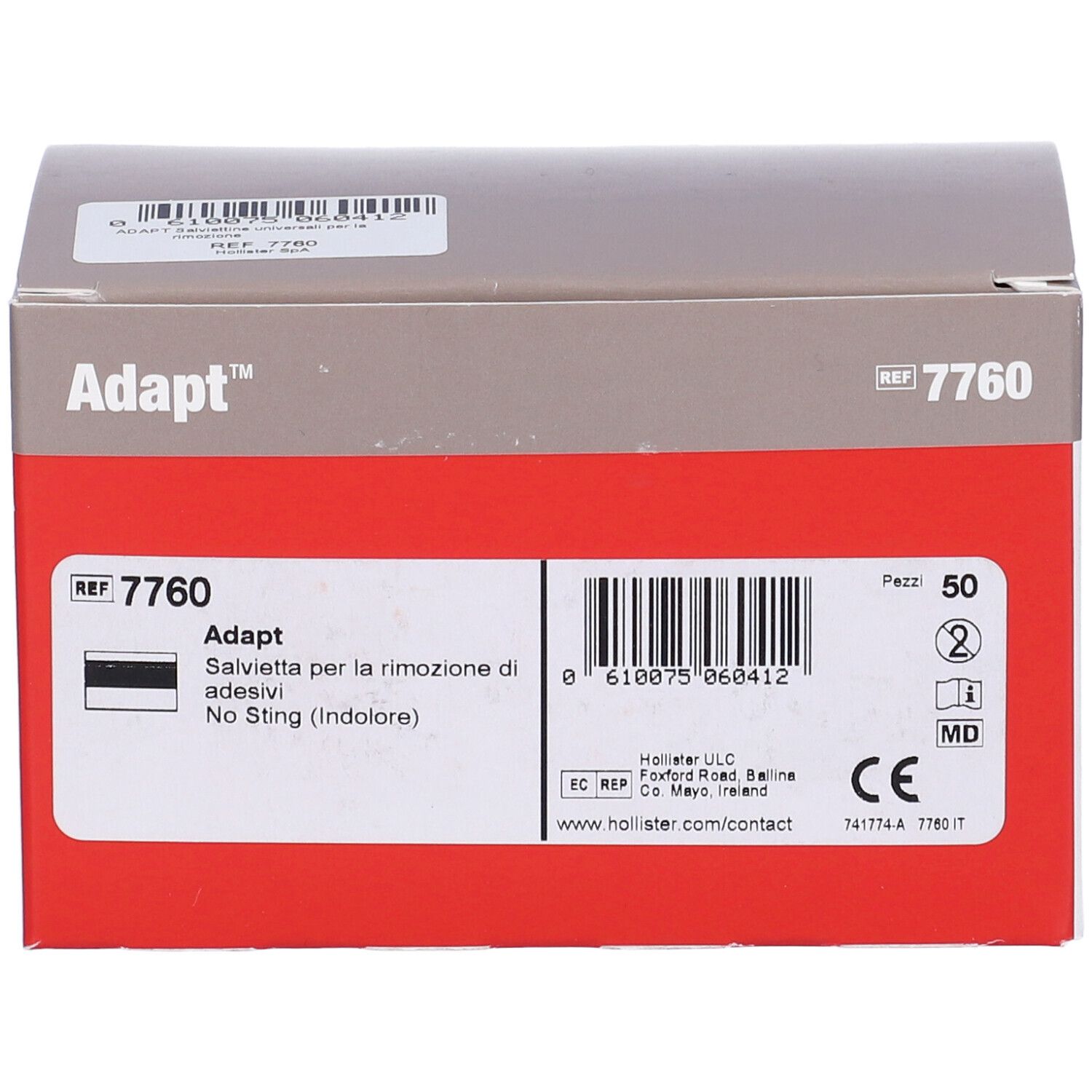 Scatola Adapt, rosso-bianco-grigio. Scritte: Adapt, REF 7760, Salviette per la rimozione di adesivi, 50 pezzi. Marchio CE.