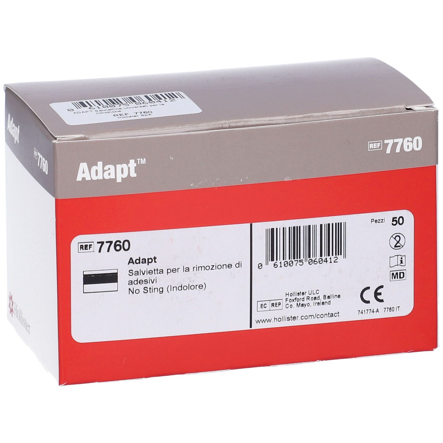 Scatola Adapt, rosso-bianco-grigio. Scritte: Adapt, REF 7760, Salviette per la rimozione di adesivi, 50 pezzi. Logo Hollister.