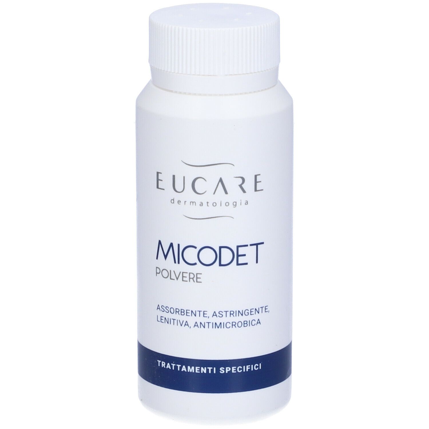 Flacone bianco con tappo a vite. Scritta: EUCARE, MICODET Polvere. Striscia blu con testo.